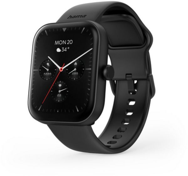 Schwarze Smartwatch mit quadratischem Display. Zeigt Uhrzeit, Temperatur und Aktivitätsdaten. Hama-Logo oben.