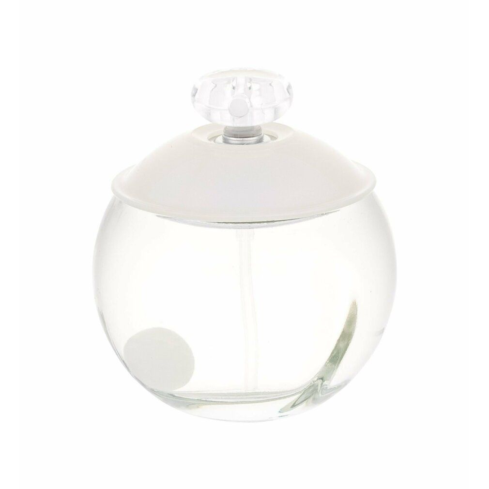 Runde Glasflasche mit weißem Deckel und durchsichtigem Inhalt. Ein weißer Punkt im Inneren. Der Zerstäuber ist sichtbar.