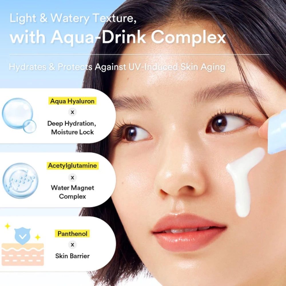 Nahaufnahme eines Gesichts mit aufgetragener Abib Sedum Hyaluron Sonnenschutzcreme. Text erklärt Aqua Hyaluron, Acetylglutamin, Panthenol.