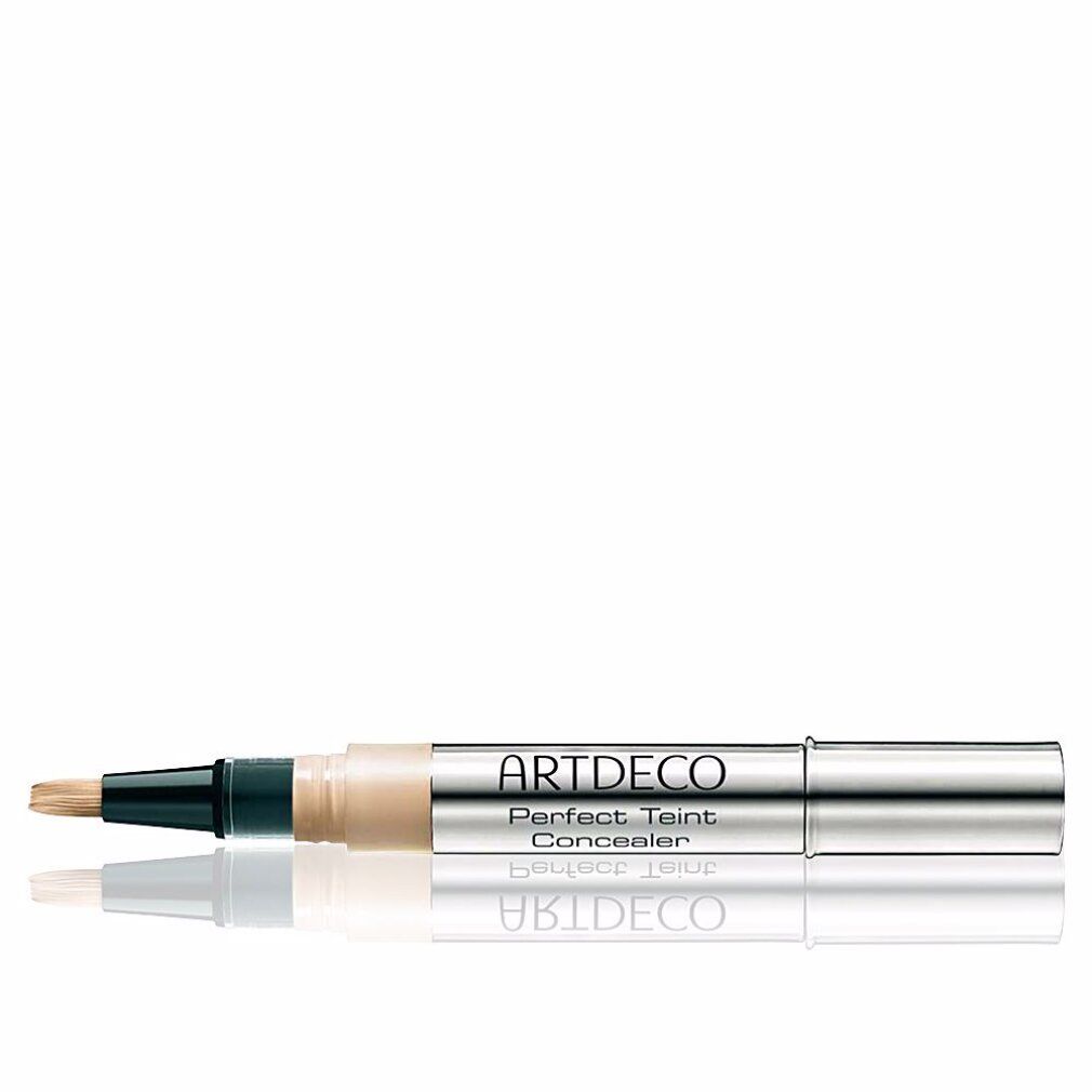 Artdeco Perfect Teint Concealer. Silberfarbener Stift mit schwarzem Applikator. Horizontale Ansicht. Produktname und Marke deutlich sichtbar.
