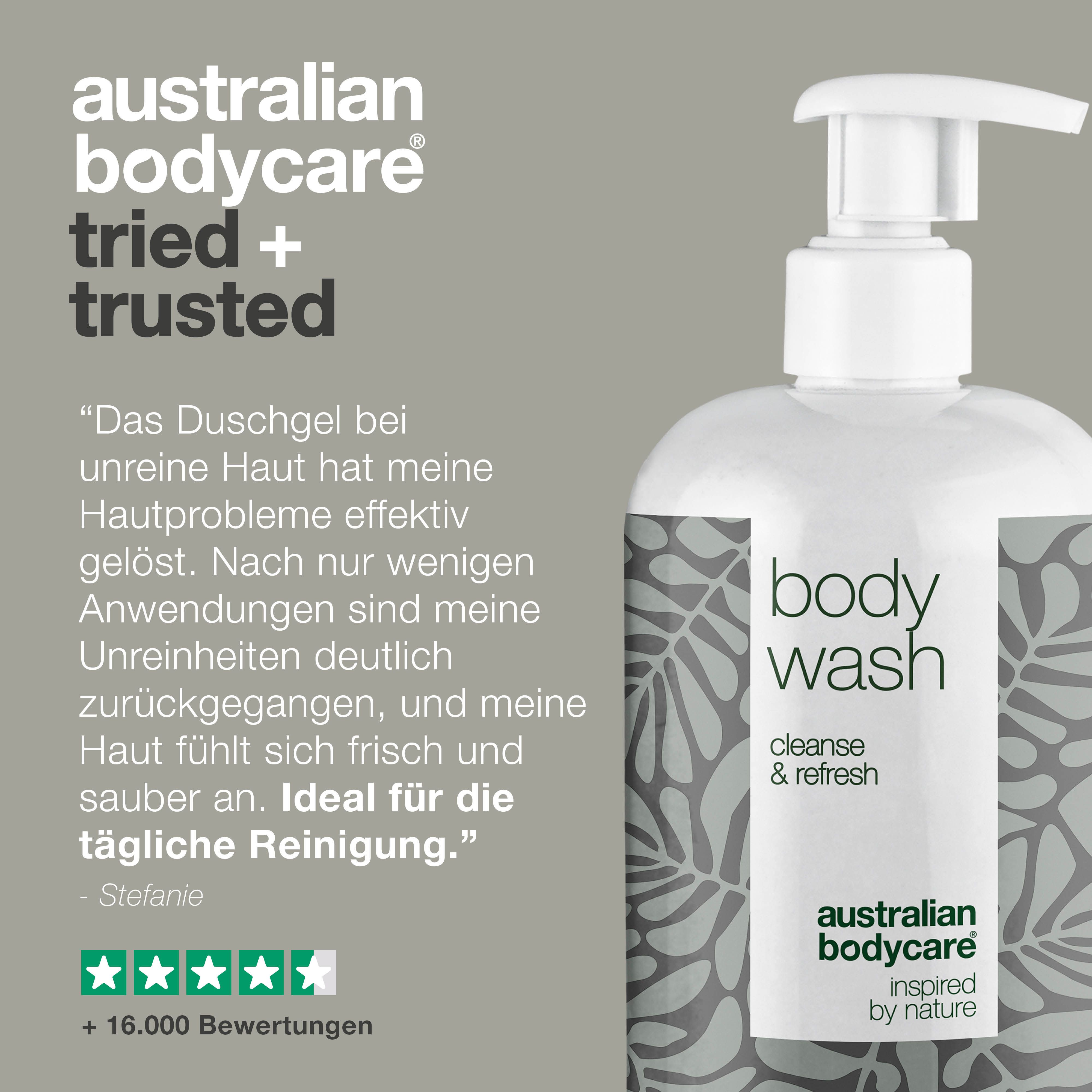 Body Wash Flasche mit Pumpe. Text: Getestet und vertraut. Zitat und Sternebewertung.