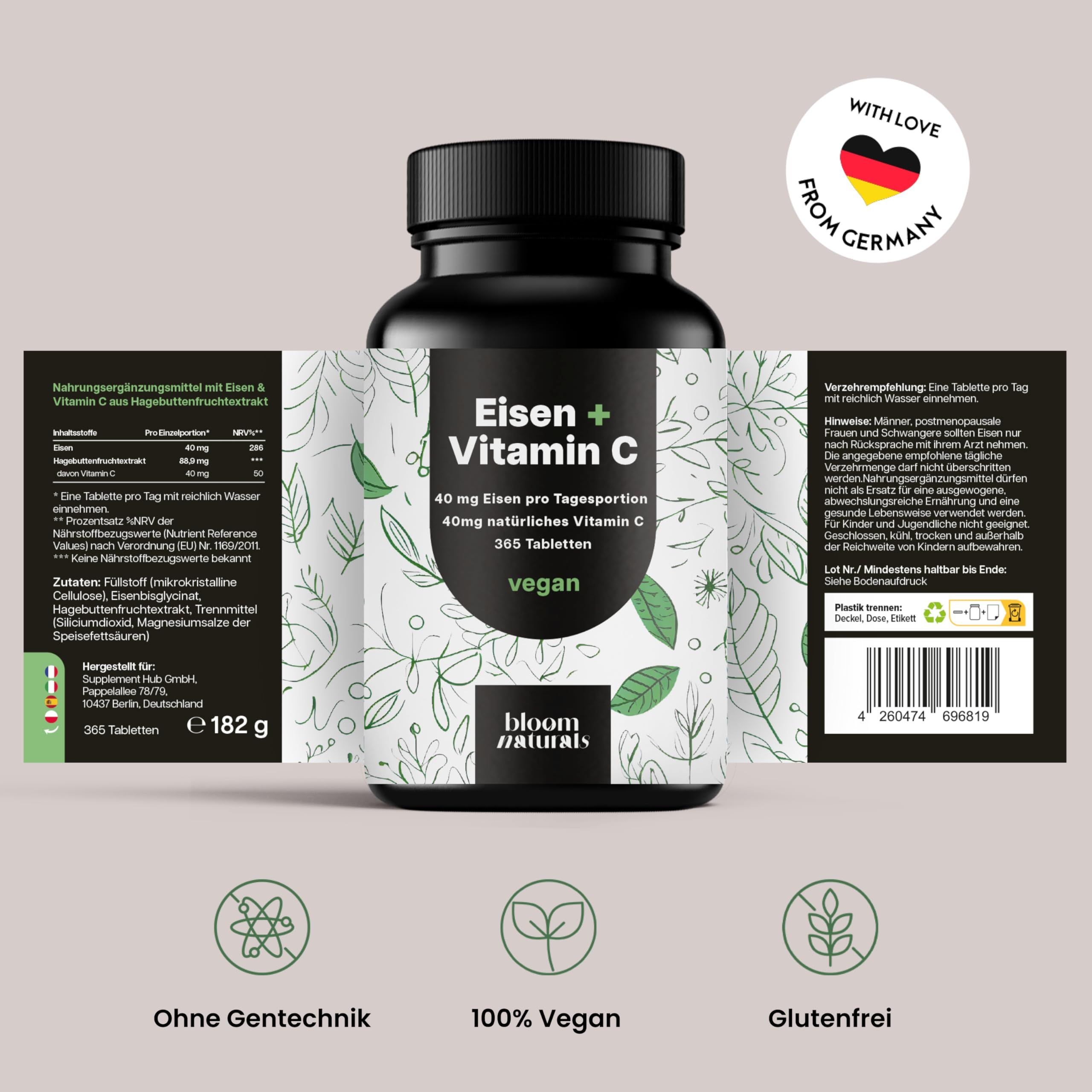 Flasche Eisen + Vitamin C, 365 Tabletten, 40 mg Eisen, 40 mg Vitamin C. Vegan, glutenfrei, ohne Gentechnik.