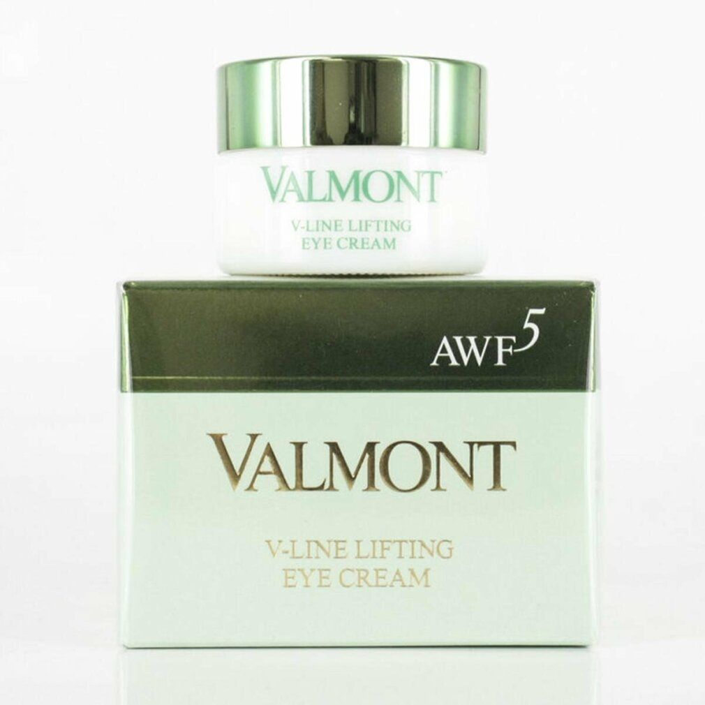 Valmont v-Line Lifting Eye Cream und Verpackung. Grün-weiße Farben. AWF5-Logo.