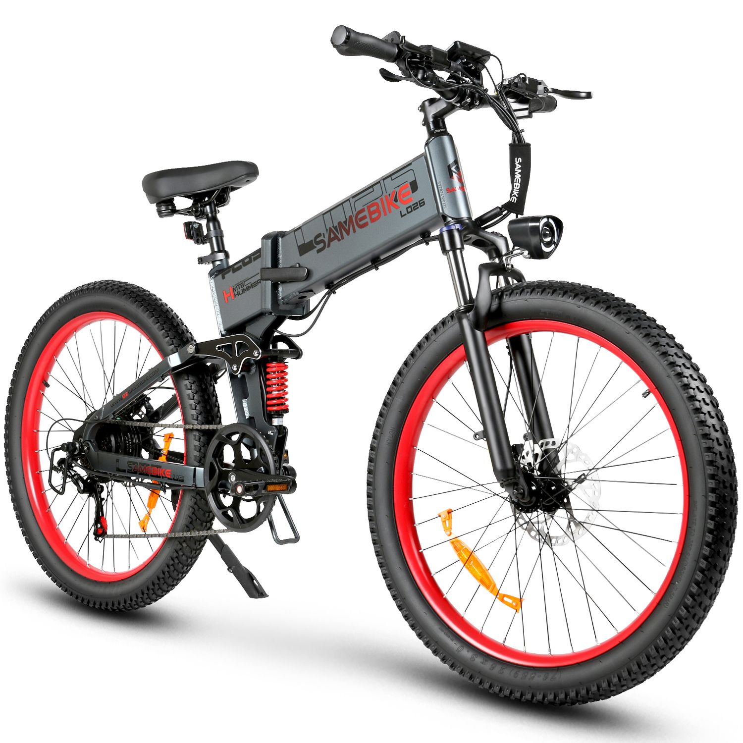 Graues Klapp-E-Bike mit roten Felgen. Marke SAMEBIKE, Modell LO26Plus sichtbar. Schwarze Reifen, Sattel und Lenker. Rote Federung.