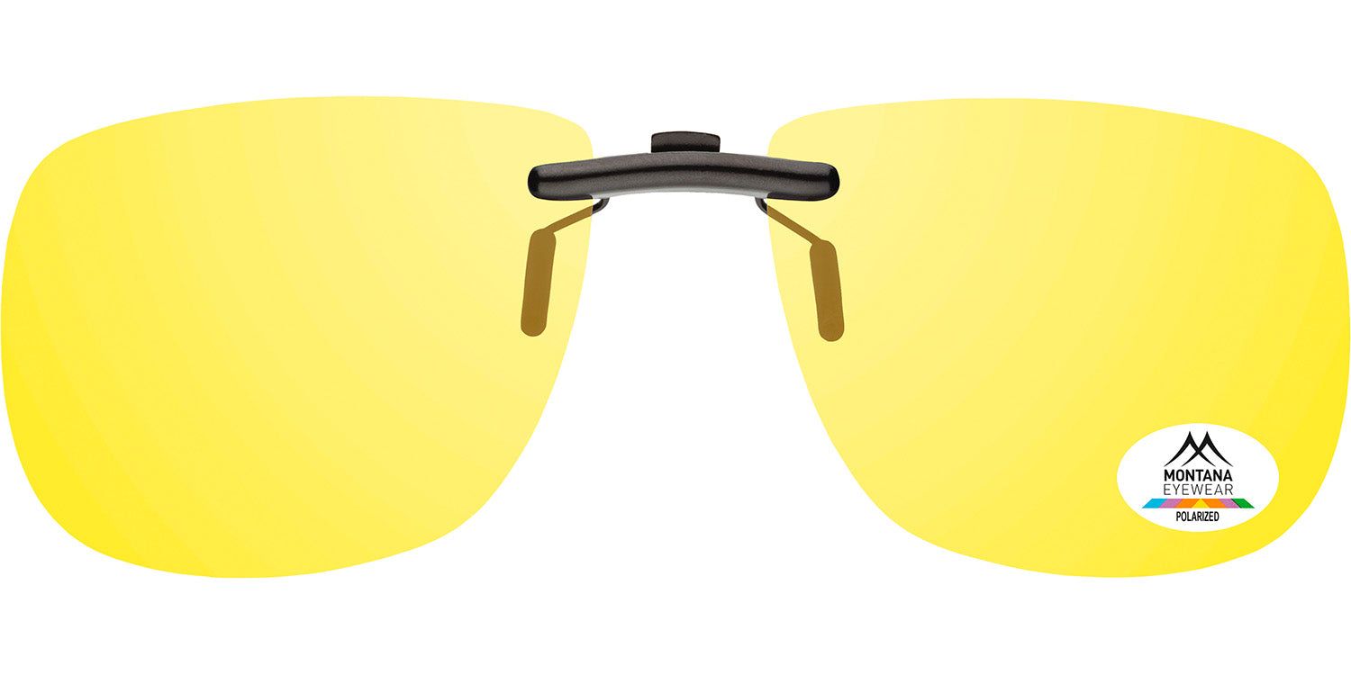 Clip-on-Sonnenbrille mit gelben Gläsern. Schwarzer Rahmen. Montana Eyewear Logo und Polarisationshinweis.