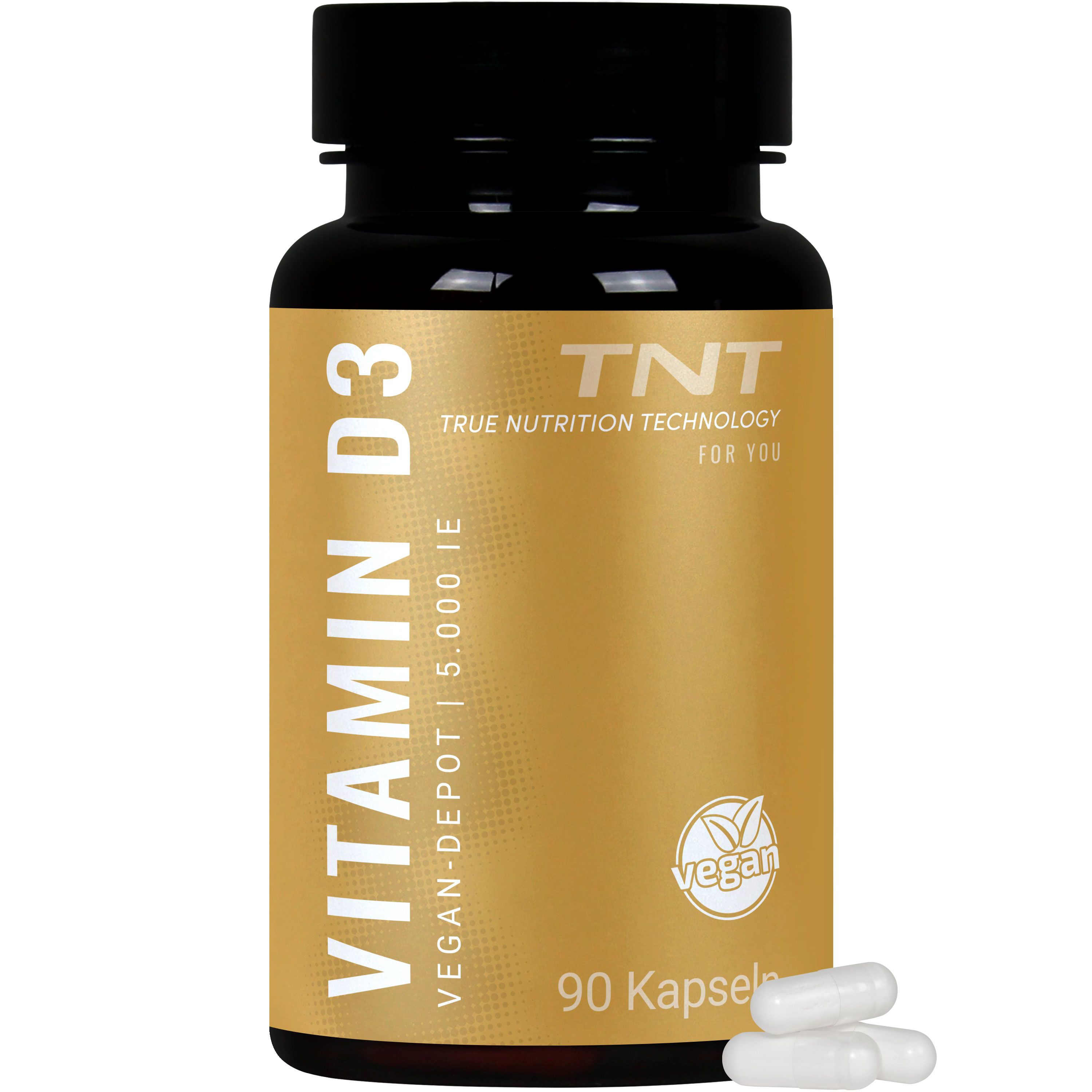 Braune Flasche mit Vitamin D3 Kapseln. Aufschrift: Vitamin D3, Vegan-Depot, 5.000 IE, 90 Kapseln. Vegan-Siegel.