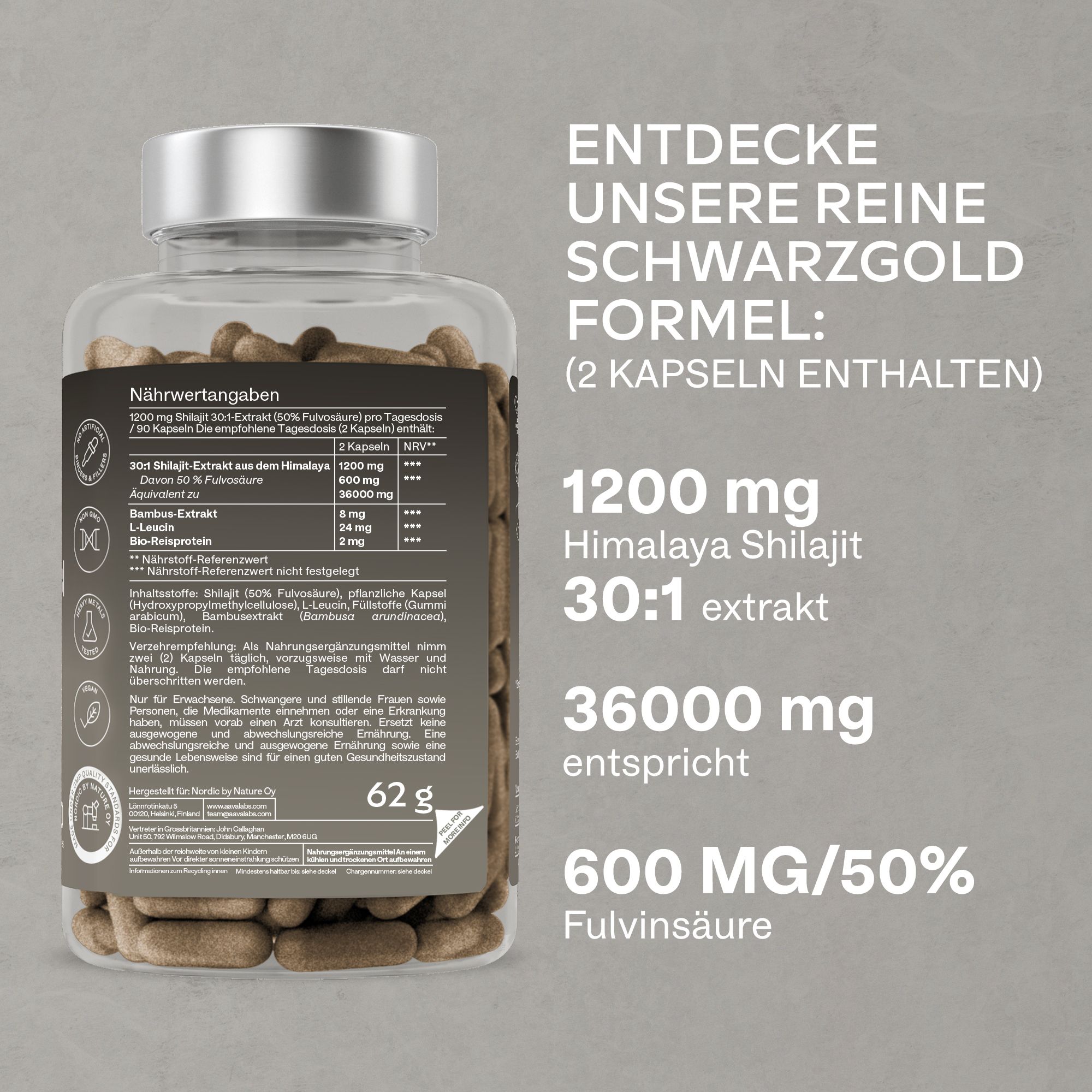 Rückseite der Flasche mit Kapseln. Text: Nährwertangaben, Inhaltsstoffe, Dosierung.