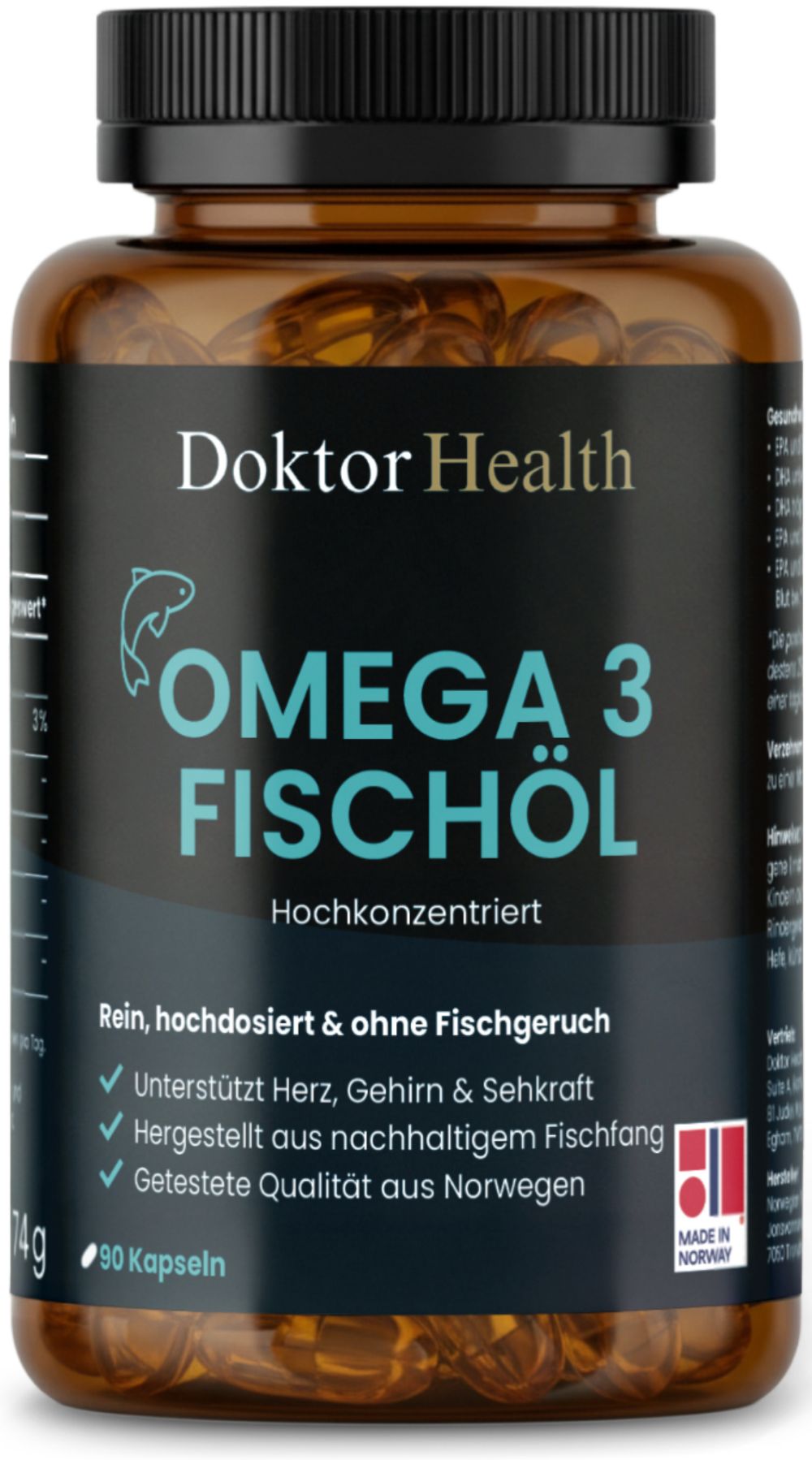 Braune Flasche mit Kapseln. Text: Doktor Health. Omega 3 Fischöl. 90 Kapseln. Hochkonzentriert. Hergestellt aus nachhaltigem Fischfang.