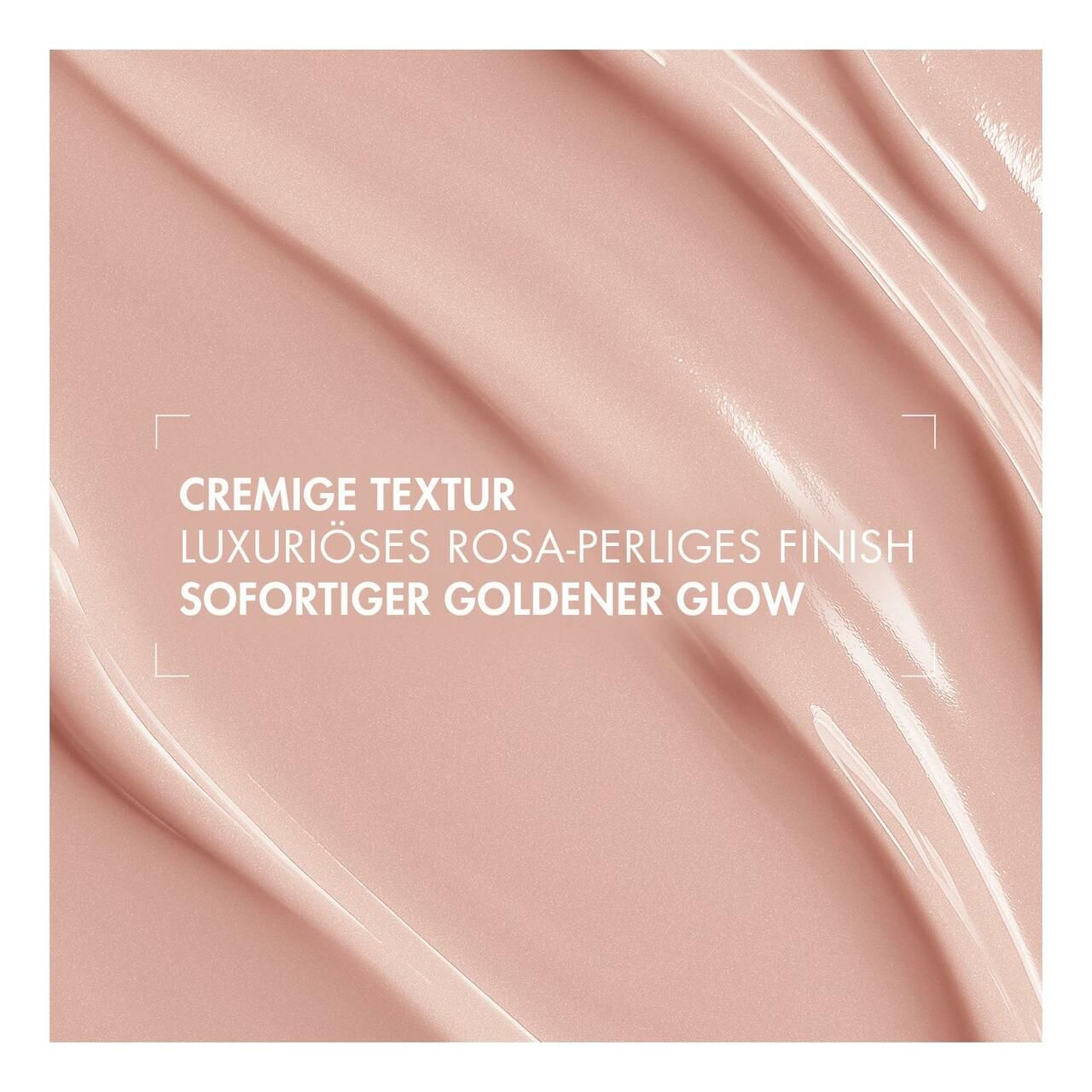 Nahaufnahme von rosa Creme. Text: Cremige Textur, luxuriöses rosa-perliges Finish, sofortiger goldener Glow.