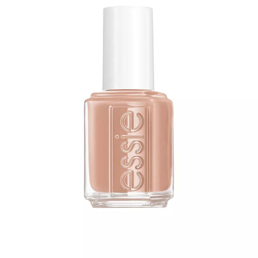 Essie Nagellack-Flakon. Beige-farbener Lack in quadratischer Glasflasche mit weißem Deckel. Essie-Schriftzug.