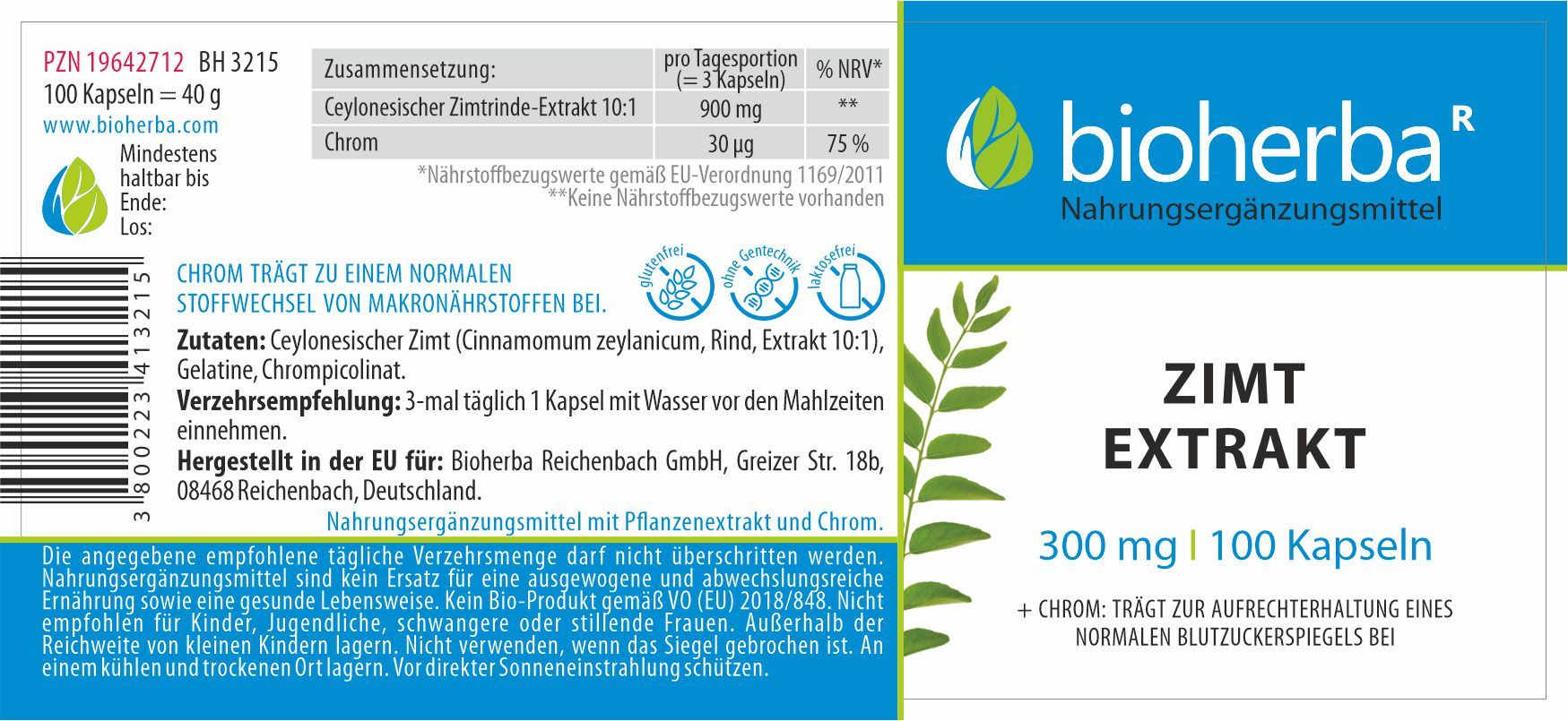 Etikett mit Produktname, Marke, Inhaltsstoffen und Dosierung. Enthält Informationen zur Anwendung und Hersteller.