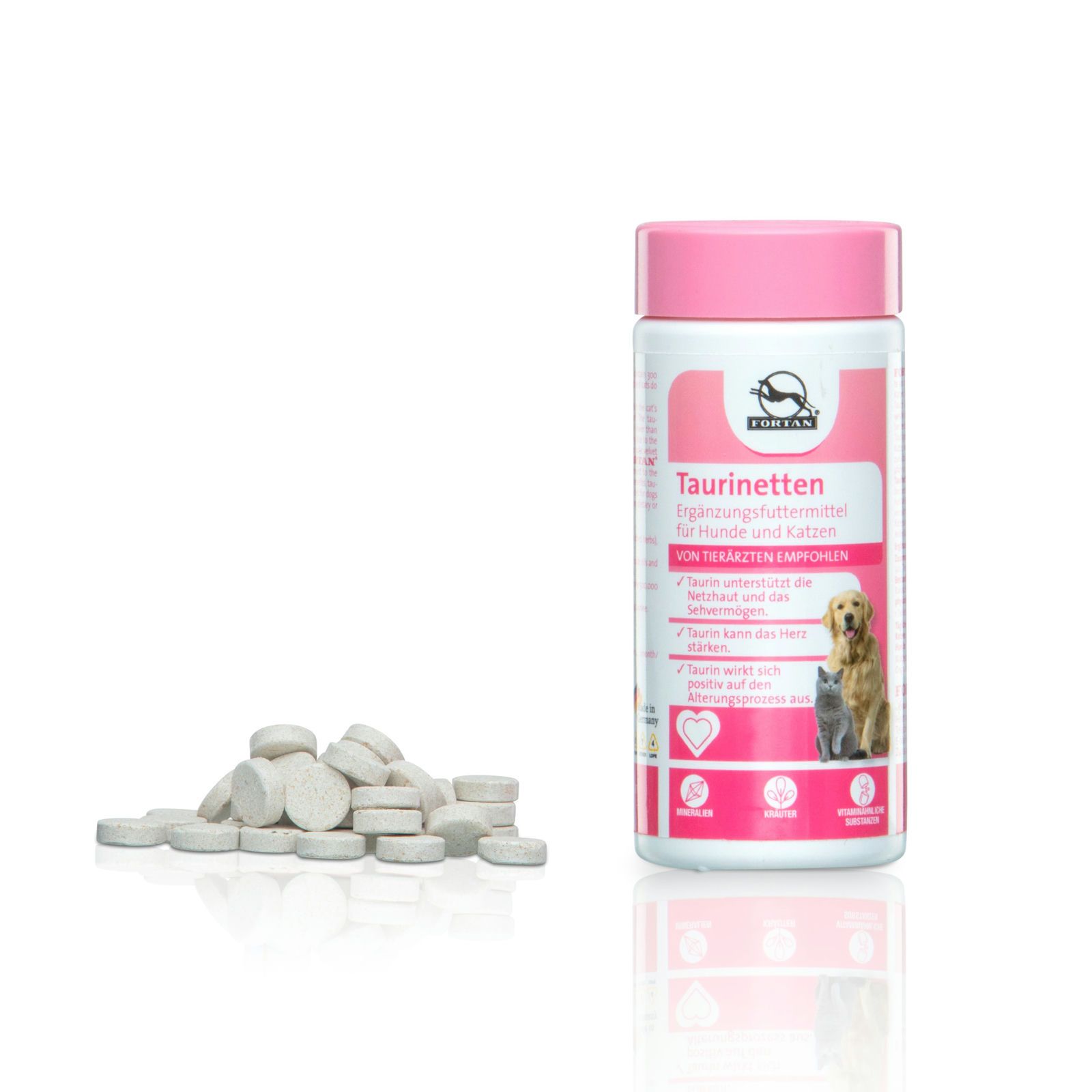 Weiße Tabletten neben Dose mit rosa Deckel. Aufschrift: FORTAN Taurinetten. Ergänzungsfuttermittel für Hunde & Katzen. Illustration: Hund und Katze.