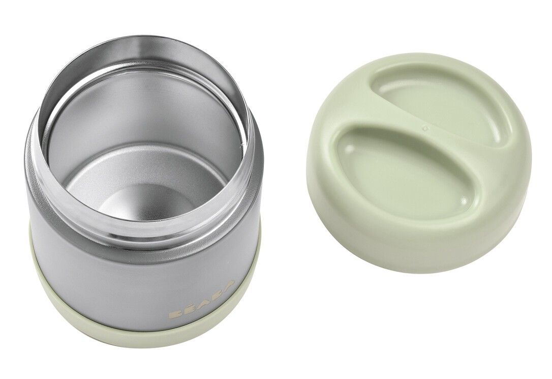 Thermo-Portionsbehälter, geöffnet. Innen Edelstahl, außen grau und hellgrün. Deckel daneben.