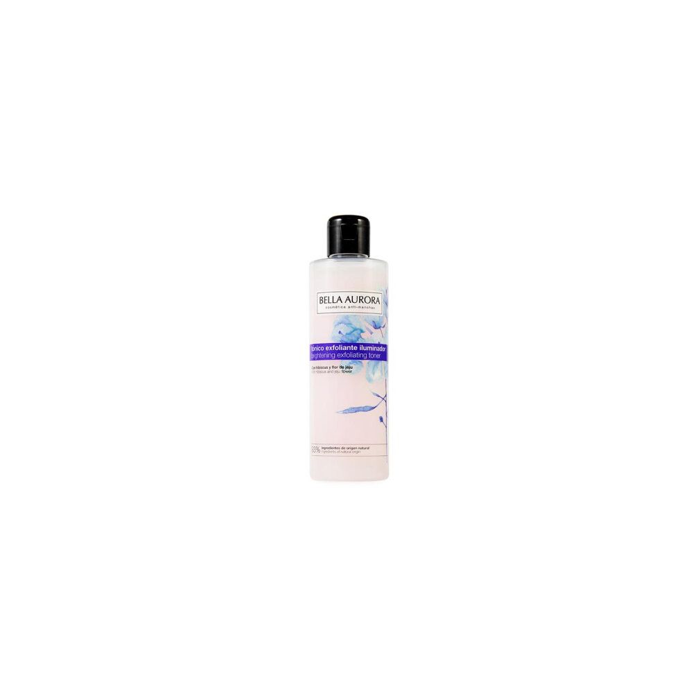 Flasche mit schwarzem Deckel. Aufschrift: Bella Aurora, tónico exfoliante iluminador, brightening exfoliating toner. Mit Hibiskus und Jeju-Blume.