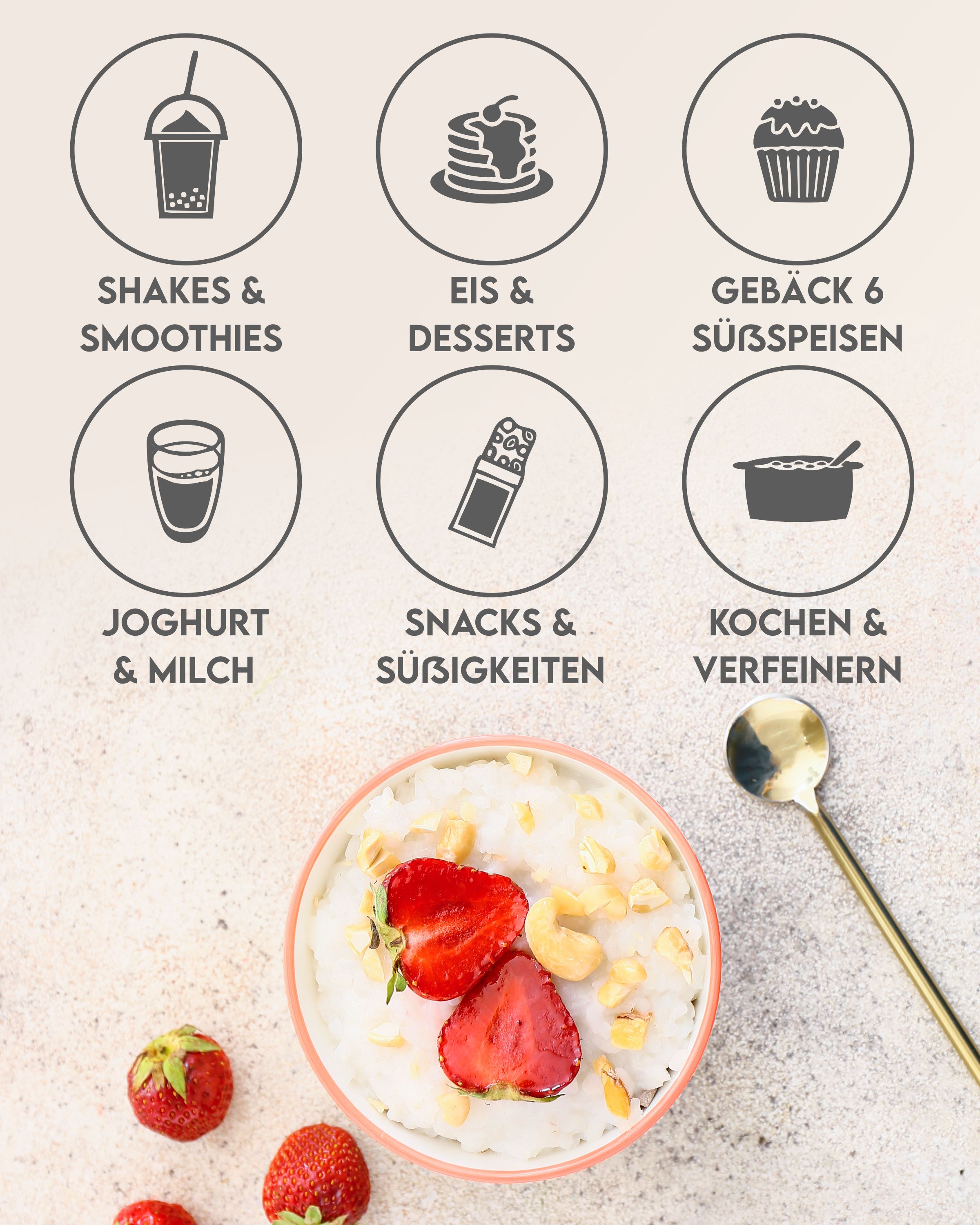 Verschiedene Icons für Shakes, Eis, Desserts, Gebäck, Joghurt, Snacks und Kochen. Erdbeeren und Cashewnüsse in einer Schüssel.