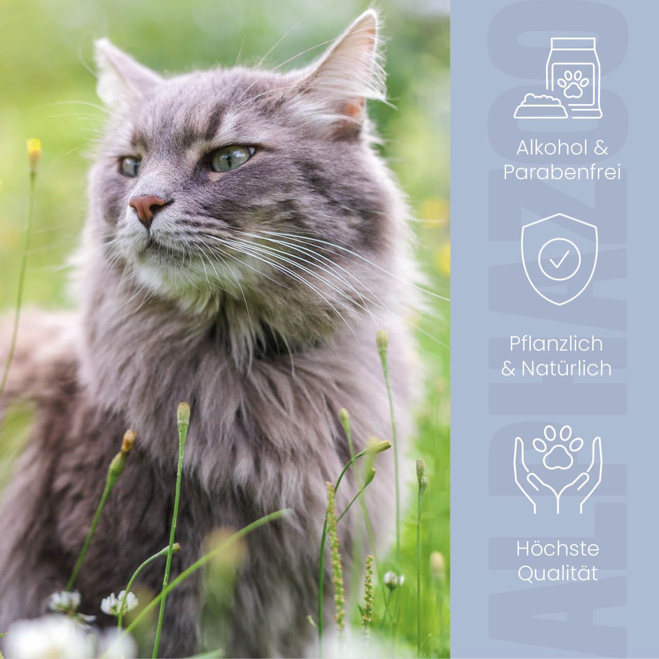 Graue Katze sitzt im Gras, daneben Icons für 'Pflanzlich & Natürlich'.