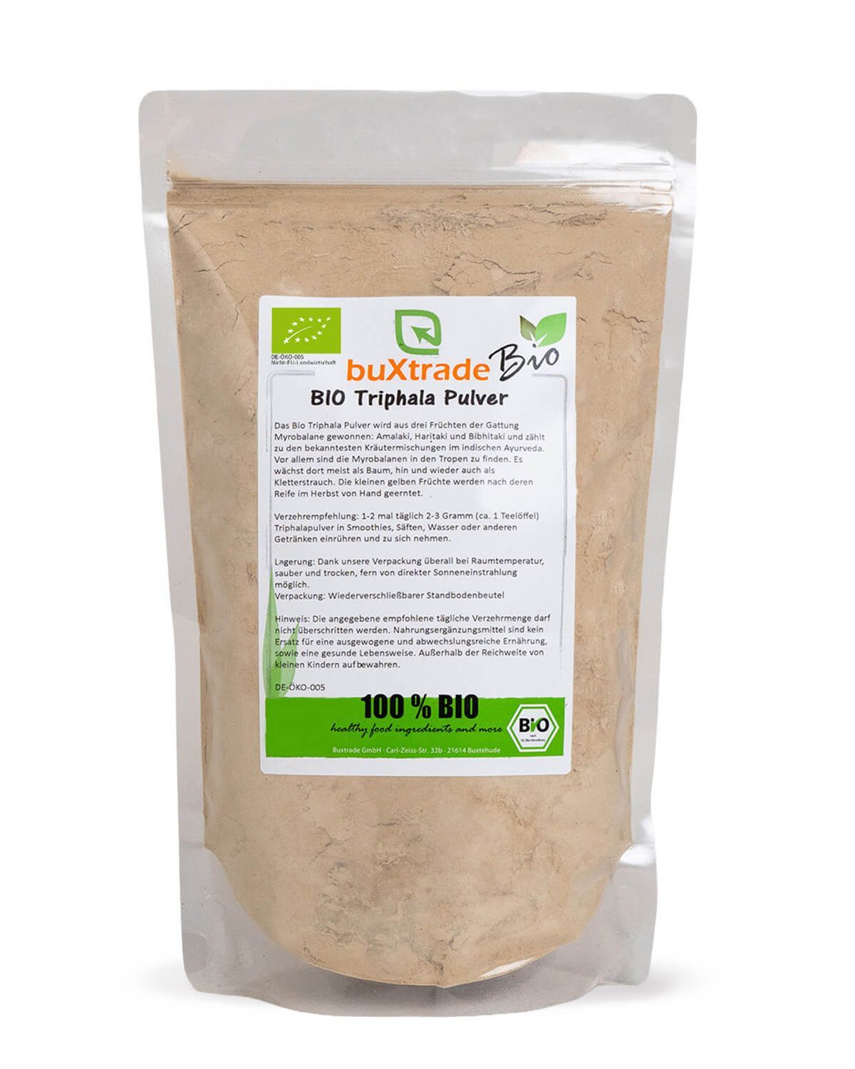 Verpackung von buxtrade Bio Triphala Pulver mit Bio-Siegel.