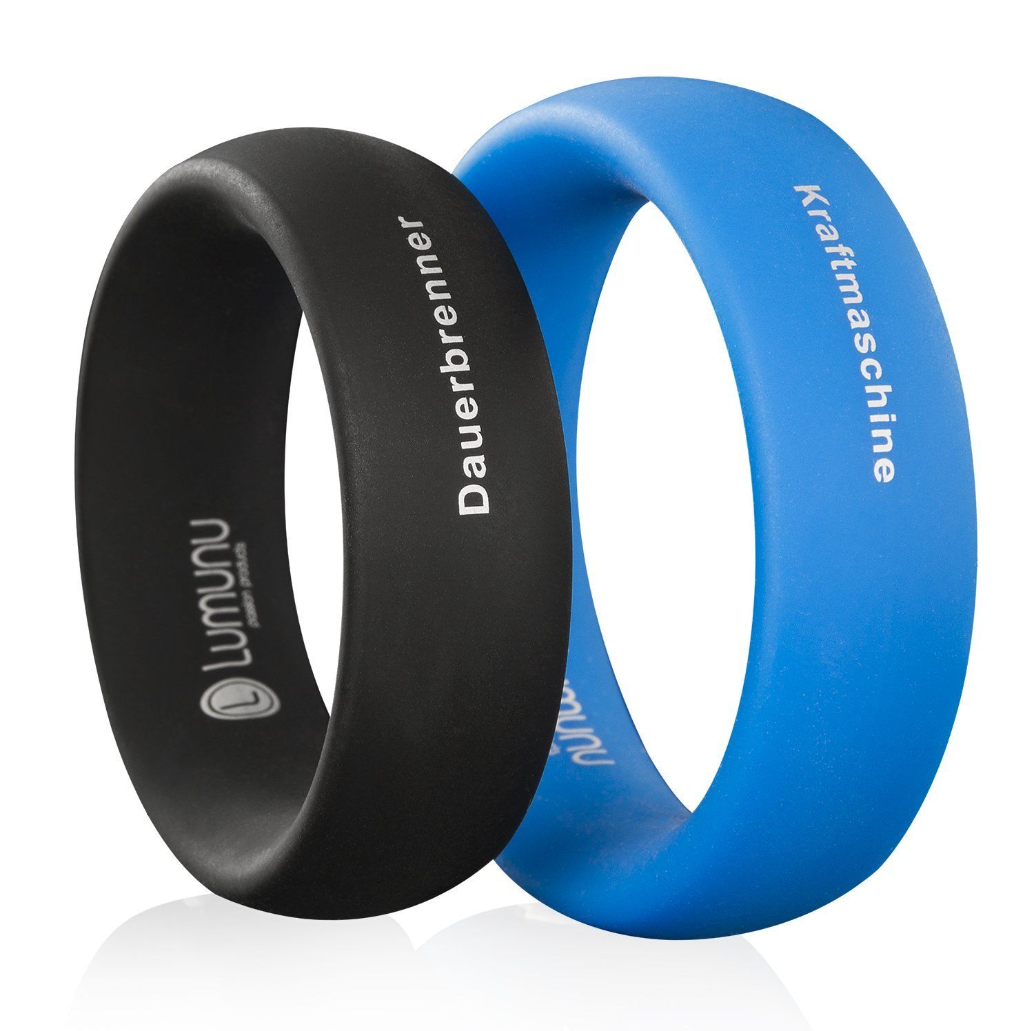 Zwei Silikonringe. Schwarz mit "Dauerbrenner", blau mit "Kraftmaschine". Lumunu-Logo sichtbar.