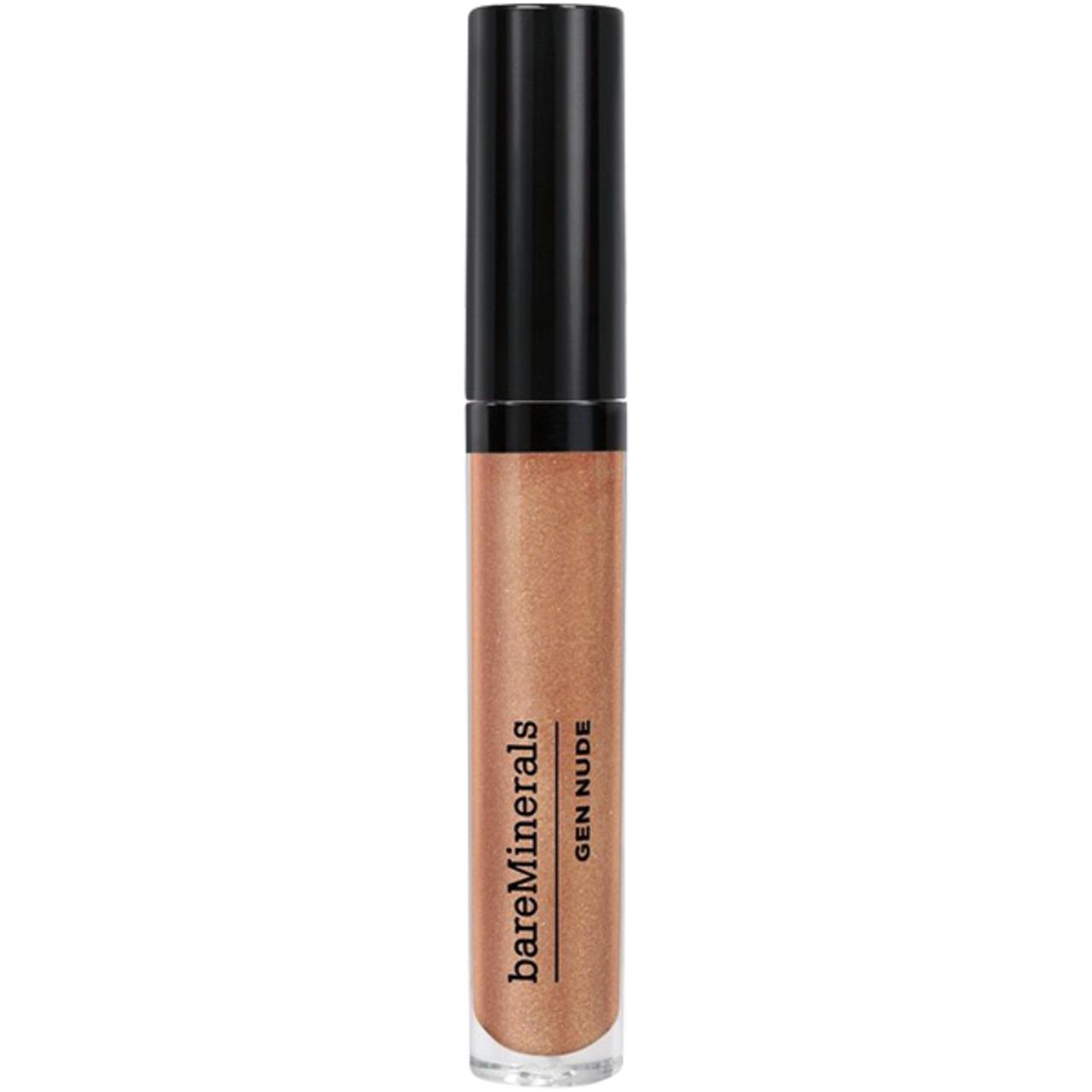 Lipgloss-Tube mit schwarzem Deckel. Aufschrift: bareMinerals, GEN NUDE. Transparente Tube mit goldfarbenem Inhalt.
