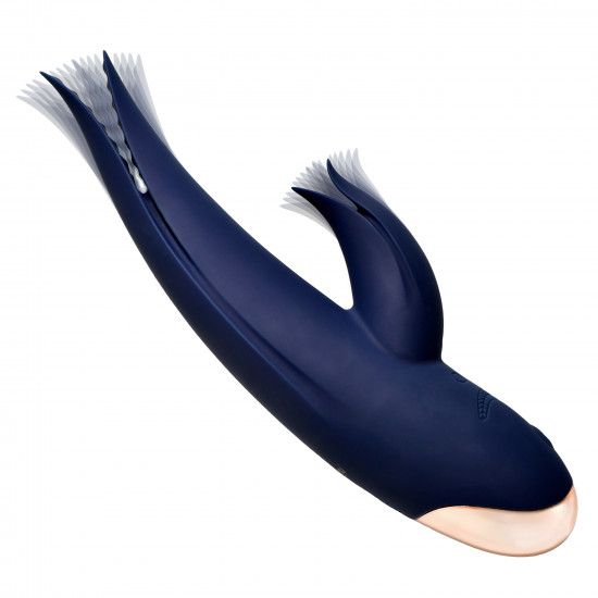 Dunkelblauer Vibrator mit goldfarbenem Akzent. Form mit zwei Flügeln und einem länglichen Körper.