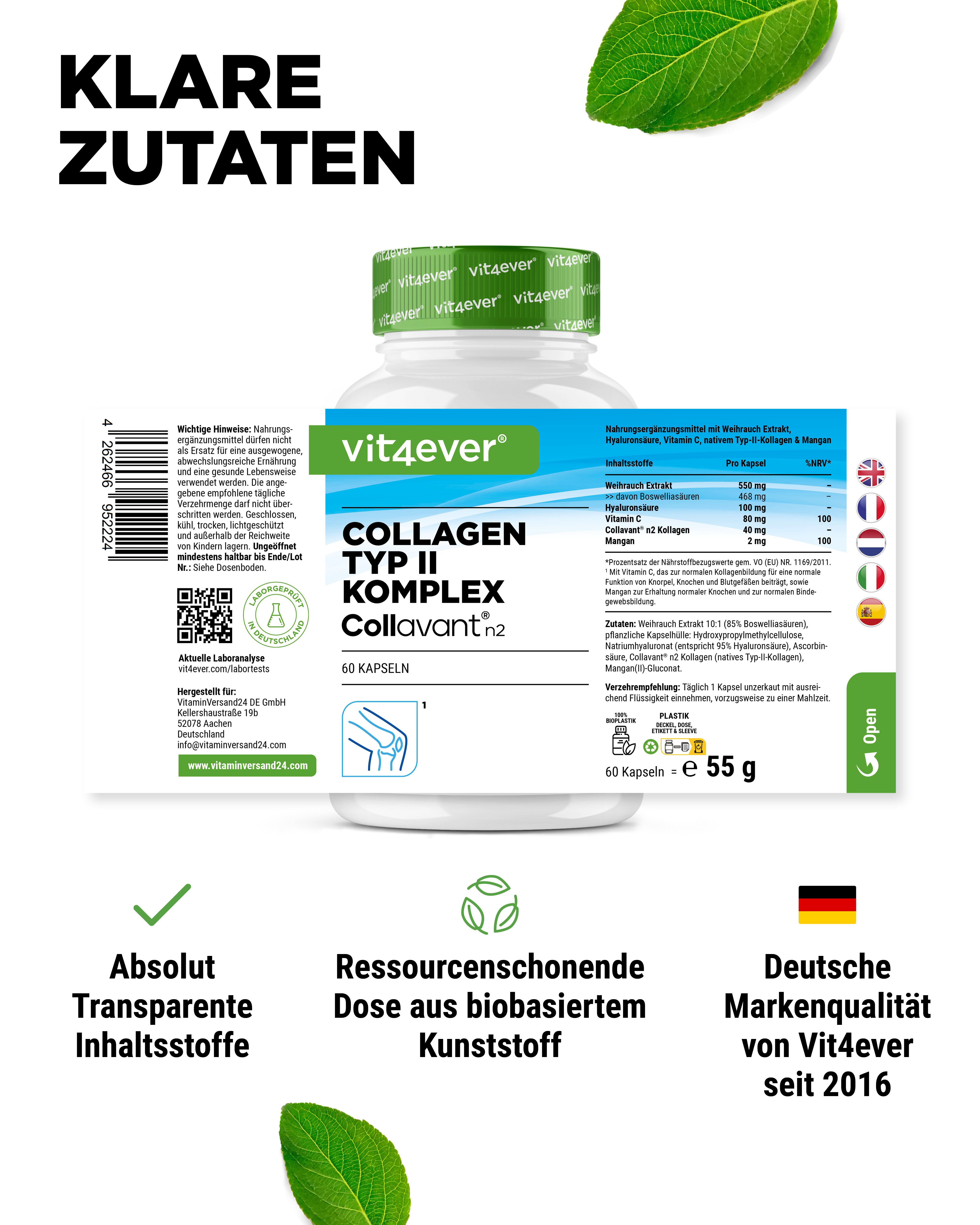Weißes Pillenbehälter mit grünem Deckel. Etikett mit Produktinformationen: Collagen Typ II Komplex Collavant n2. 60 Kapseln. Vit4ever.