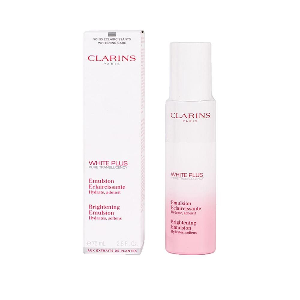 Weiße Clarins-Flasche und -Verpackung. Aufschrift: White Plus, Emulsion Eclaircissante, Brightening Emulsion. Rosa Farbverlauf am Flaschenboden.