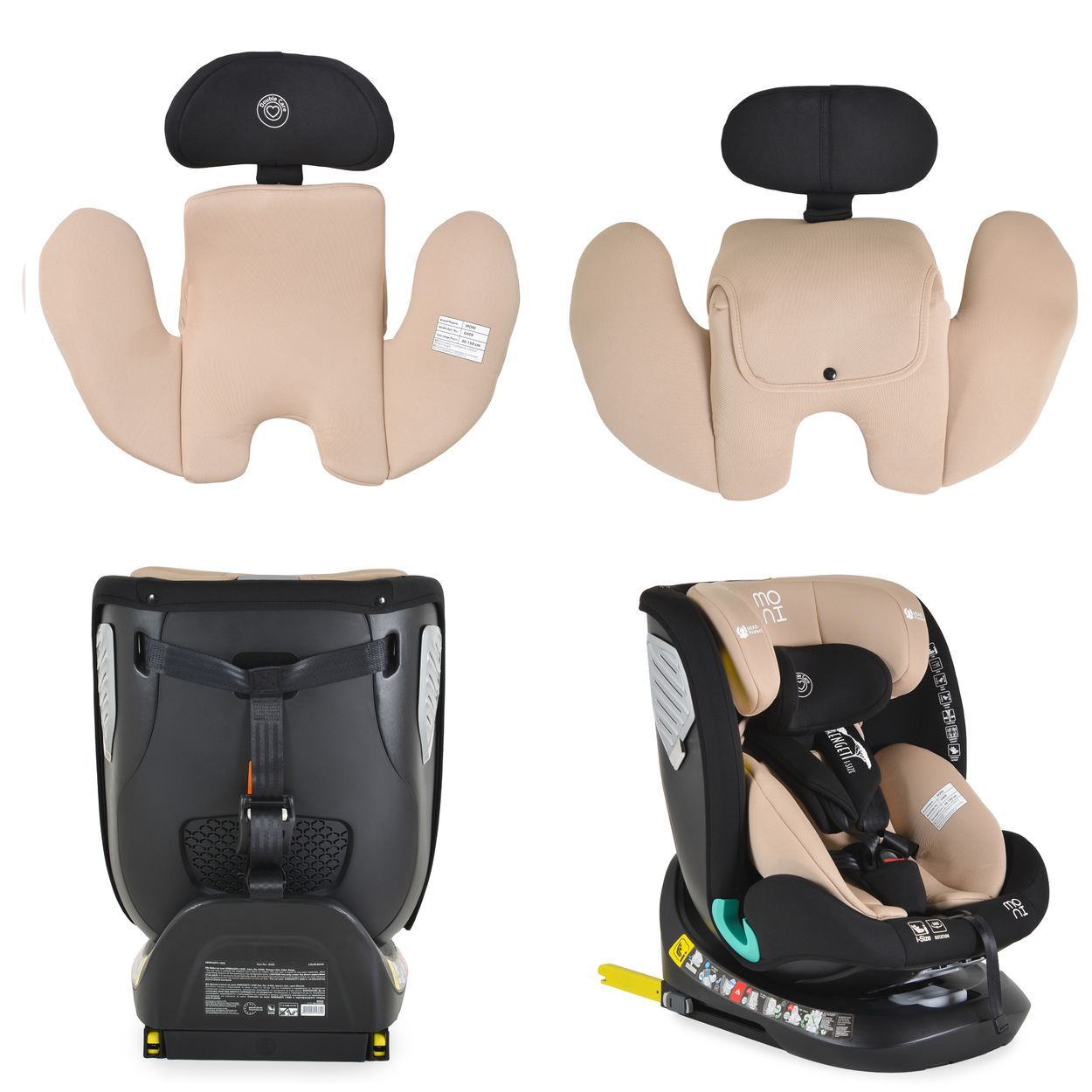 Baby-Autositz mit Kopfstütze und Seitenflügeln, Vorder- und Rückansicht.