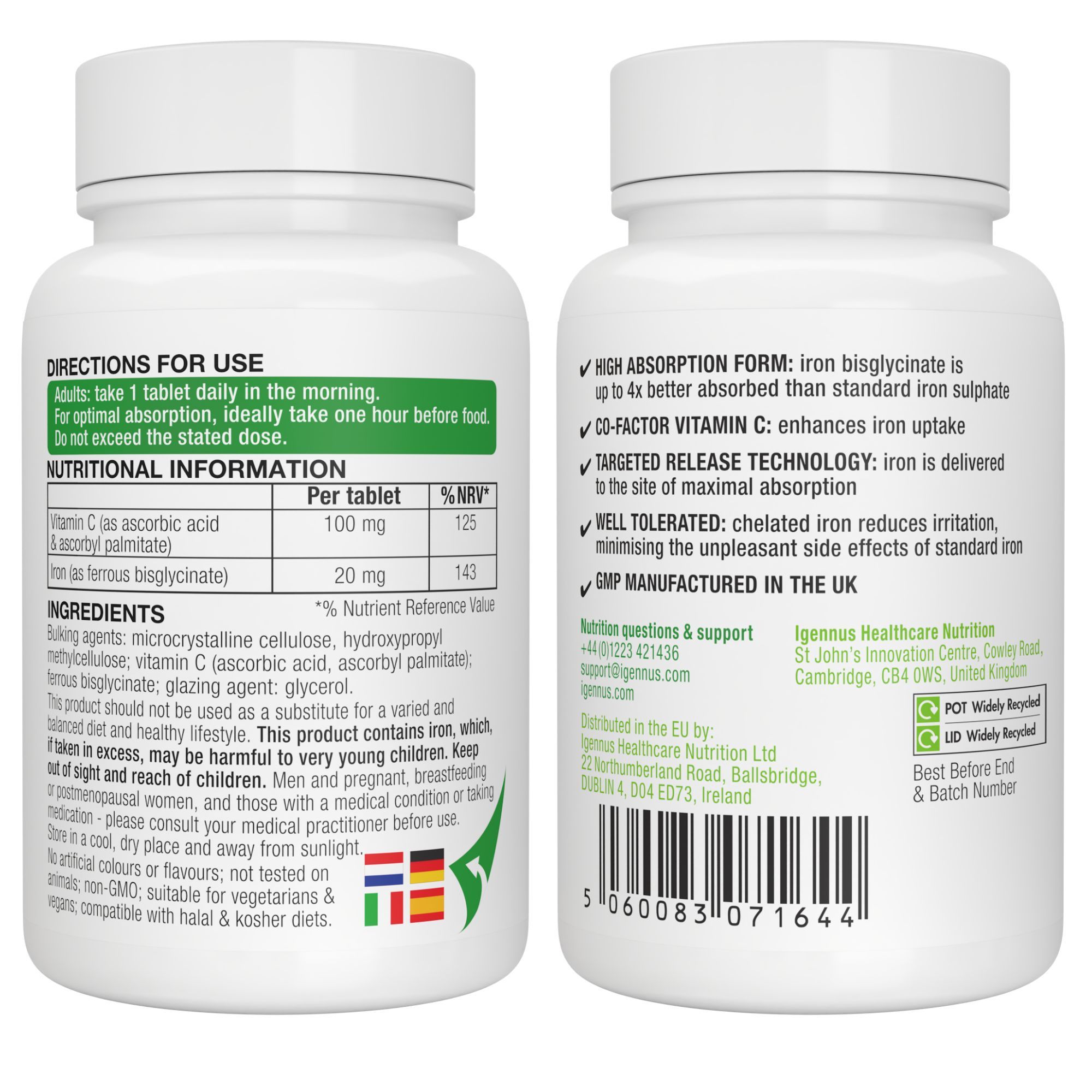 Vorder- und Rückseite der Igennus Eisenbisglycinat Flasche mit Details und Zertifizierungen.