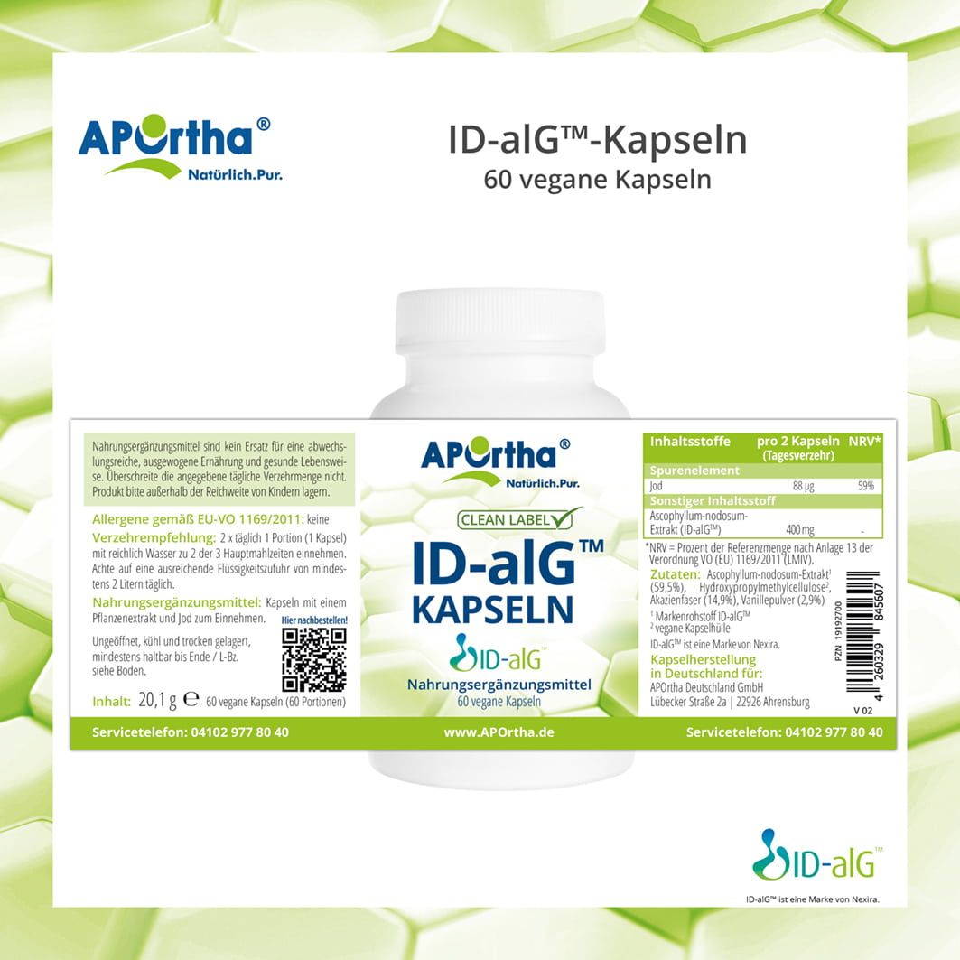 Produktverpackung mit Text. Flasche ID-alG Kapseln, 60 vegane Kapseln. Text: Nährwertangaben, Inhaltsstoffe, etc.
