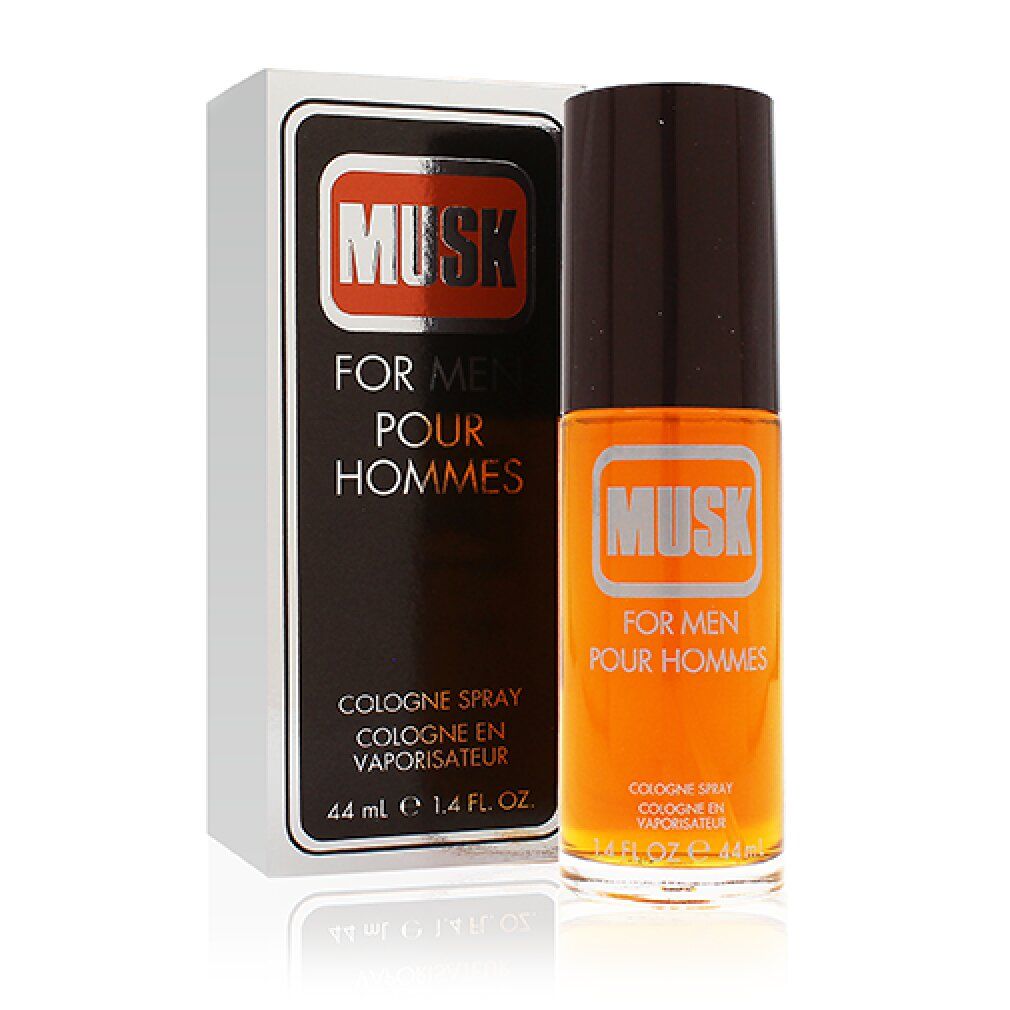 Coty Musk for Men Eau de Cologne Spray. Flakon und Verpackung. Rechteckige Verpackung, weiß-schwarz. Flakon zylindrisch, brauner Deckel.