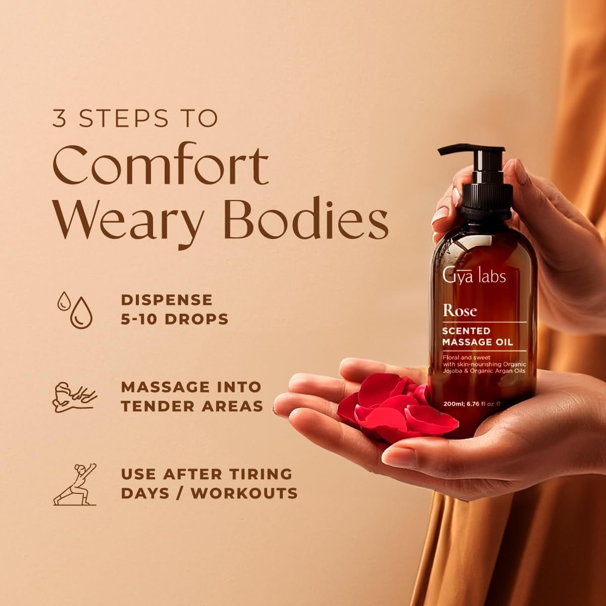 Hände halten eine Flasche Gya Labs Rosenmassageöl und Rosenblätter. Text: 3 Steps to Comfort Weary Bodies.