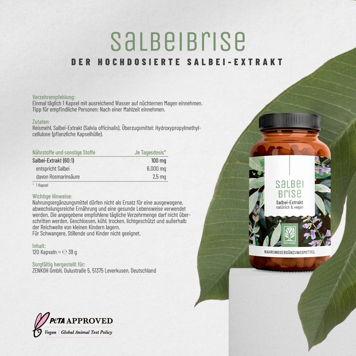 Produktflasche mit Aufschrift Salbei Brise. Text: 120 Kapseln, 38g. PETA Approved. Inhaltsstoffe und Verzehrempfehlung.