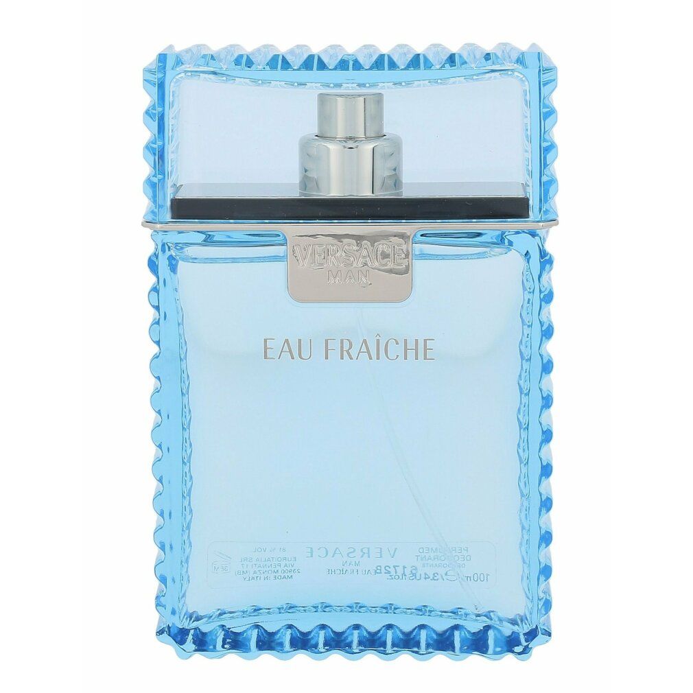 Hellblaues Eau Fraiche-Parfümflakon mit silbernem Verschluss. Der Flakon hat eine blaue, gezackte Umrandung.