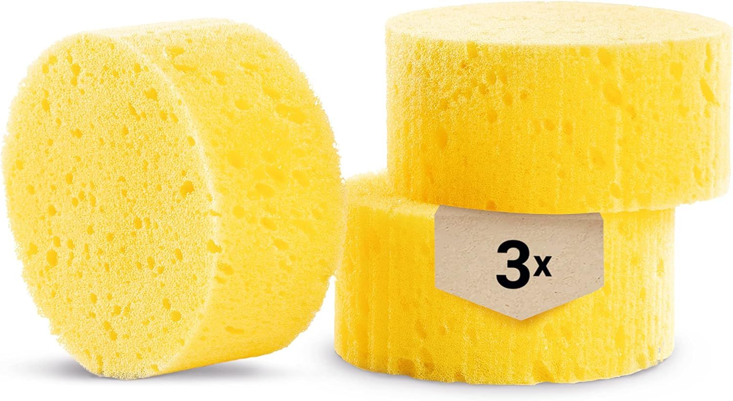 Drei gelbe Polierschwämme. Ein Etikett zeigt die Anzahl '3x'.