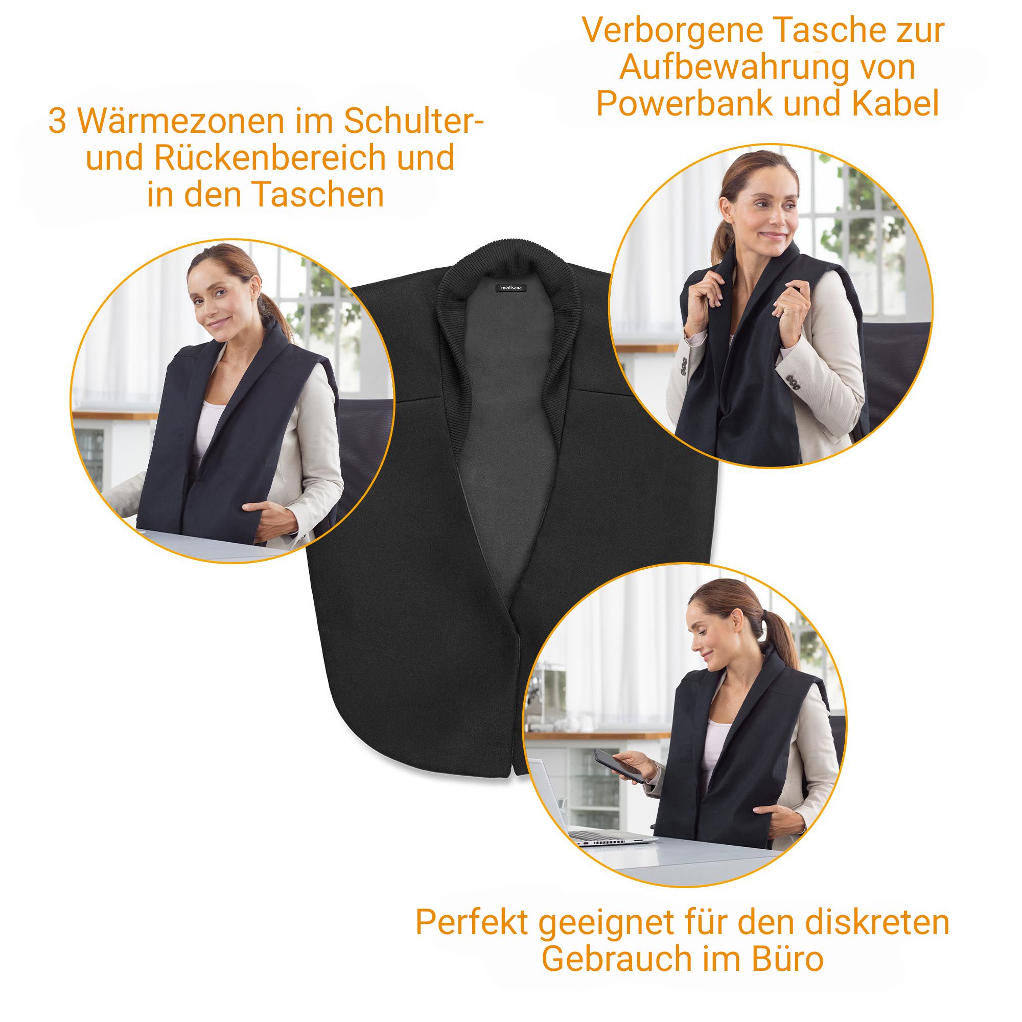 Schwarzer Wärmeschal mit integriertem Bedienfeld und Powerbank-Anschluss.
