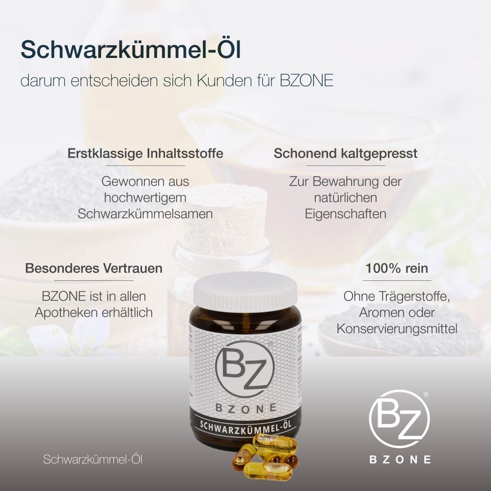 Werbebild mit BZONE Schwarzkümmelöl Kapseln. Flasche mit Kapseln, Text über Inhaltsstoffe, Reinheit und Apothekenverkauf.
