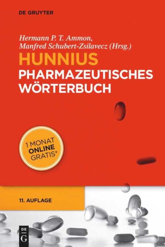 Buchcover mit Titel "Hunnius Pharmazeutisches Wörterbuch". Aufschrift "11. Auflage" und "1 Monat Online Gratis". Verlag De Gruyter.