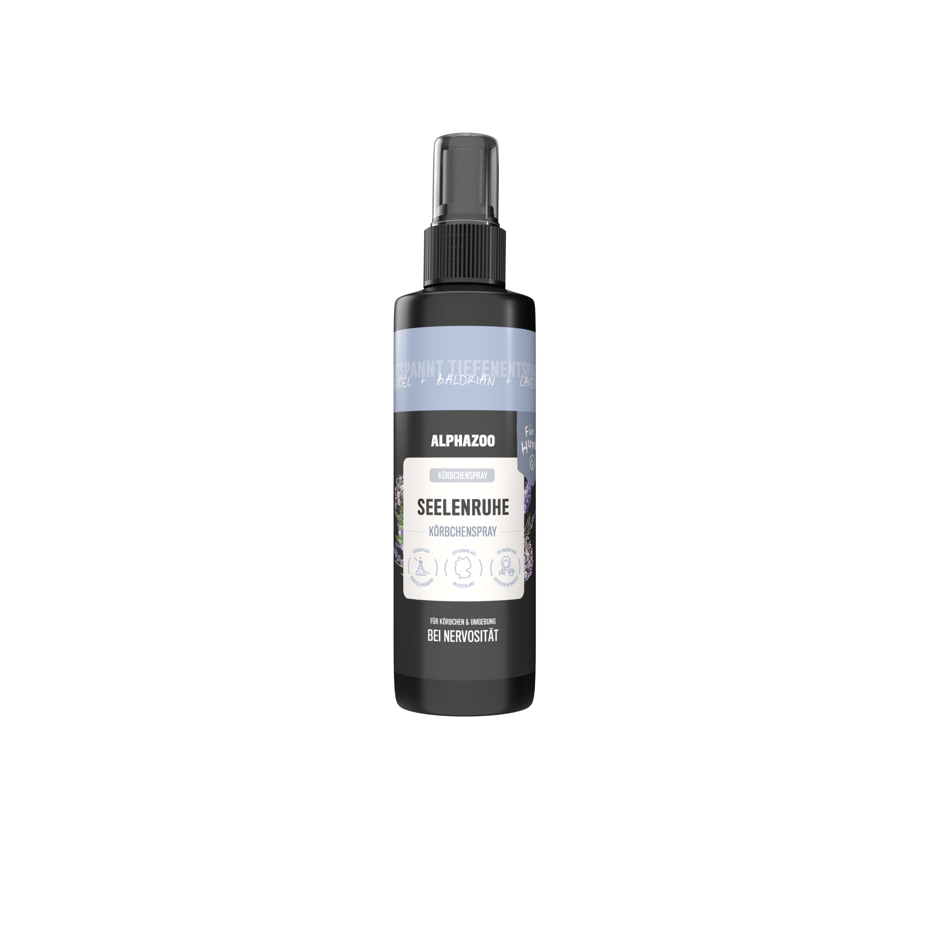 Schwarze Sprühflasche mit weißer Aufschrift. Produktname: alphazoo Seelenruhe Körbchenspray. Enthält Informationen zur Anwendung.