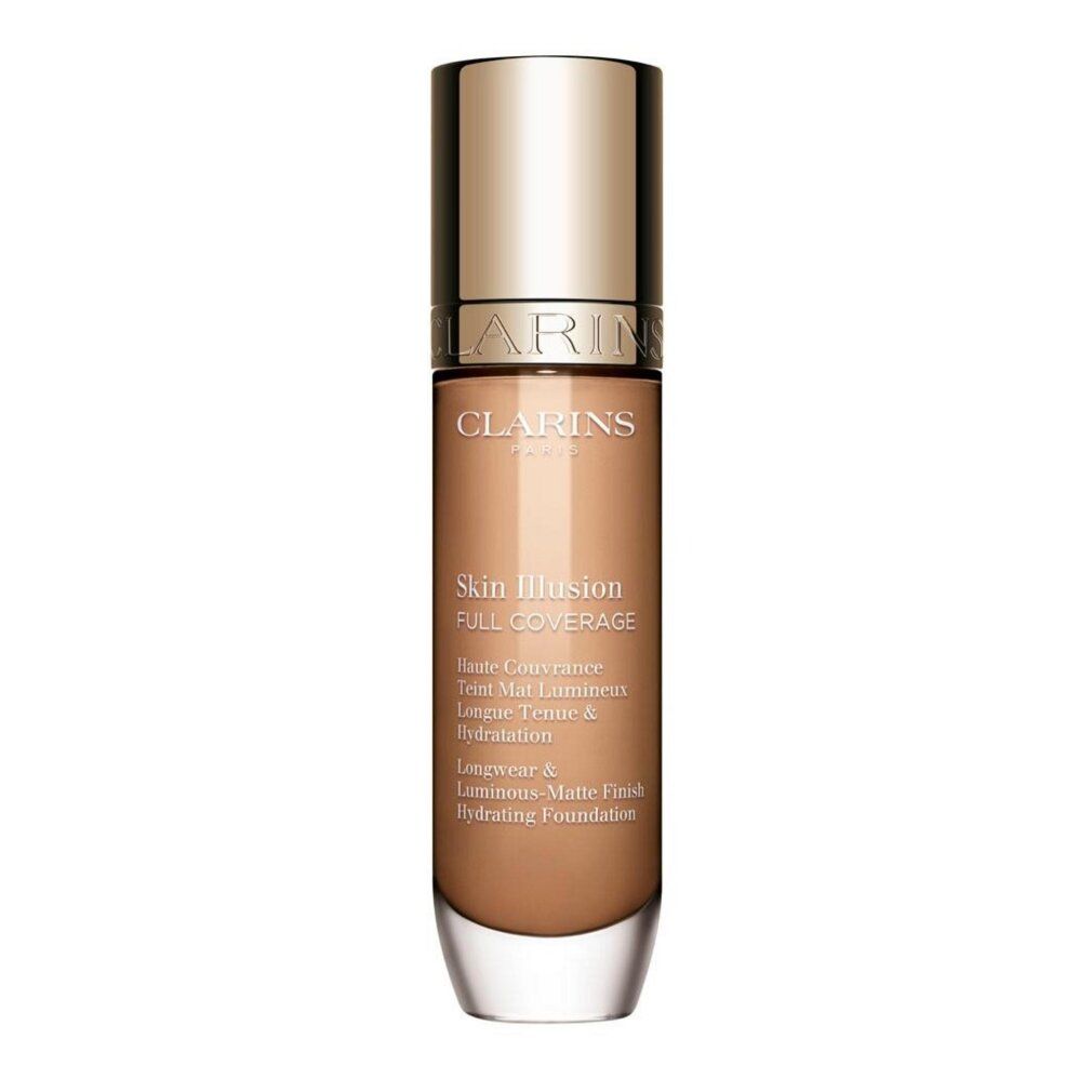 Clarins Skin Illusion Full Coverage Foundation in Farbton 110N. Glasflasche mit Pumpspender.
