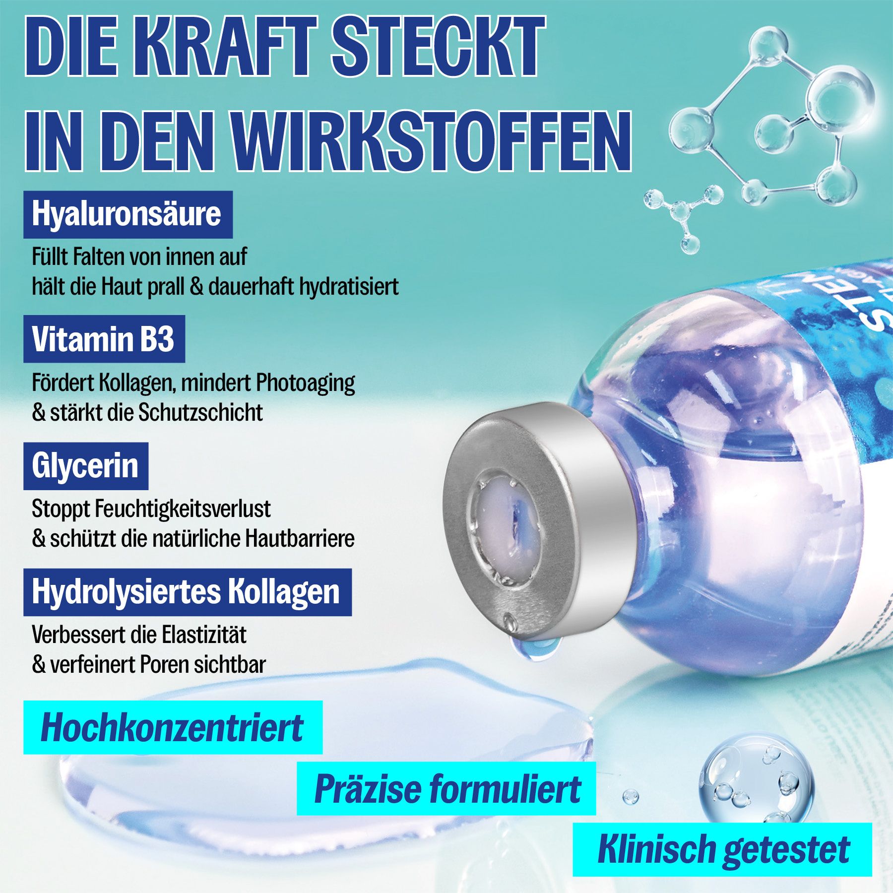 Eine Glasampulle mit blauer Flüssigkeit und silbernem Verschluss, umgeben von Wassertropfen und Molekülstrukturen.