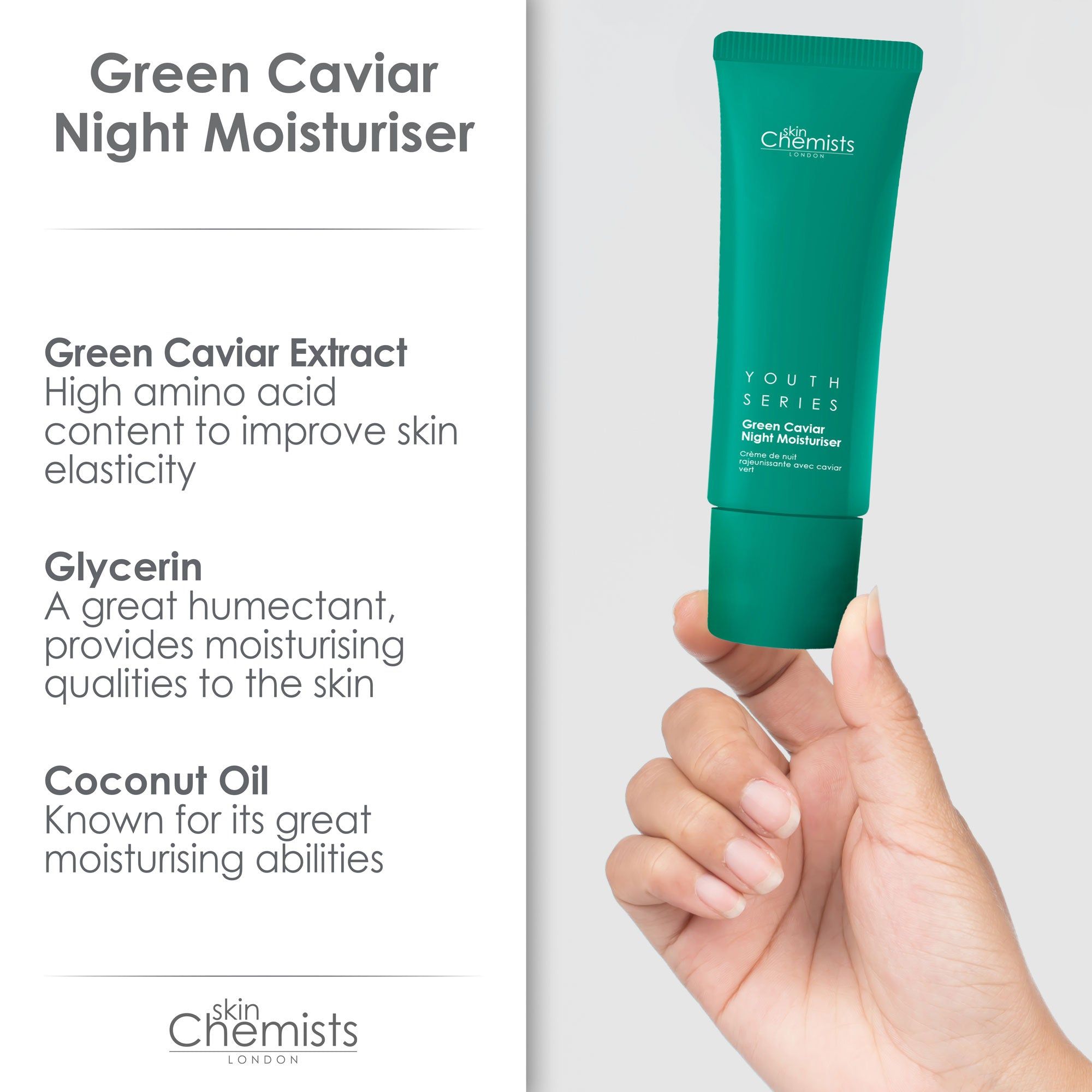 Hand hält grüne Tube. Text: Green Caviar Night Moisturiser, Inhaltsstoffe. SkinChemists Logo.
