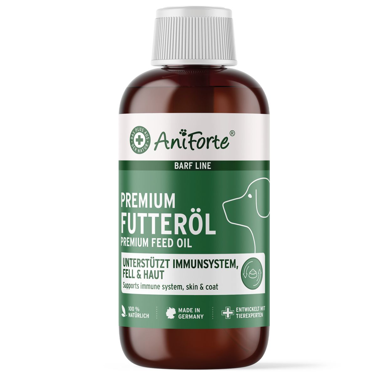 Braune Flasche mit weißem Deckel. Text: AniForte BARF Line Premium Futteröl. Unterstützt Immunsystem, Fell & Haut.