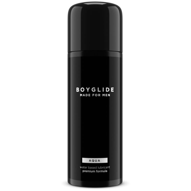 Schwarze Flasche mit "BOYGLIDE"-Logo. "AQUA" und "water based lubricant" darunter. Zylindrische Form mit schwarzem Deckel.
