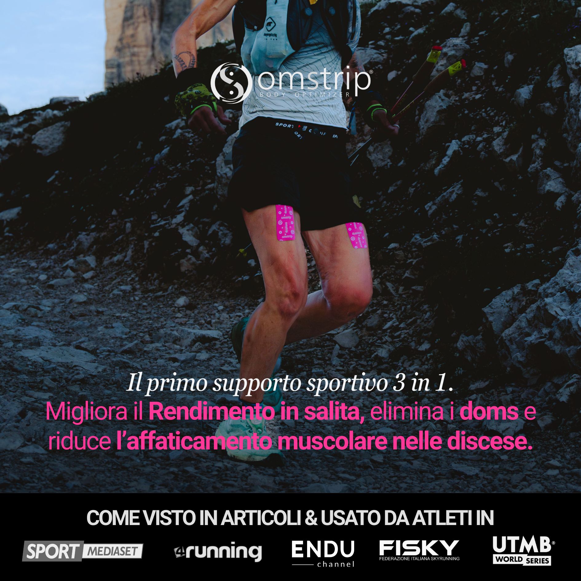 Läuferin mit pinkfarbenen Tapes an den Oberschenkeln. Text: Omstrip, Sportmedien-Logos.