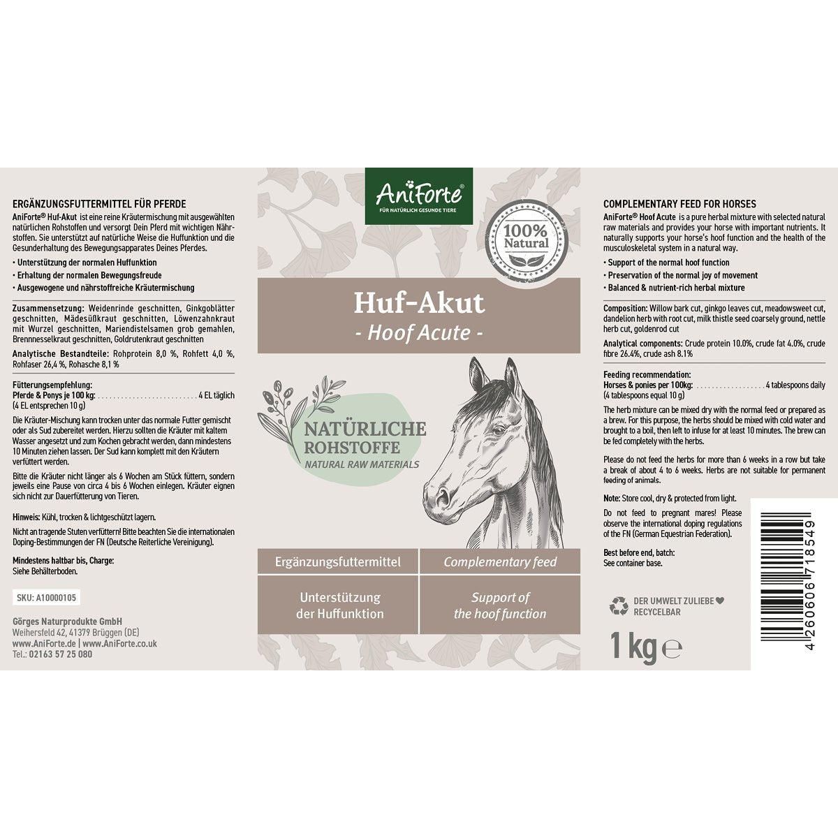 Rechteckige Produktverpackung. Aufschrift AniForte Huf-Akut, 1 kg. Illustration eines Pferdekopfes. Text in deutscher und englischer Sprache.