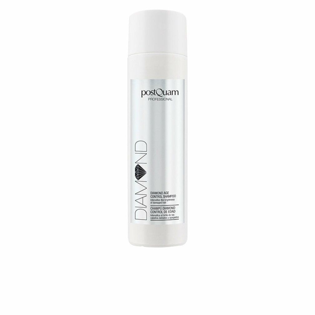 Weiße Shampoo-Flasche mit schwarzem und silbernem Etikett. Aufschrift: DIAMOND, PostQuam Professional, Age Control Shampoo.