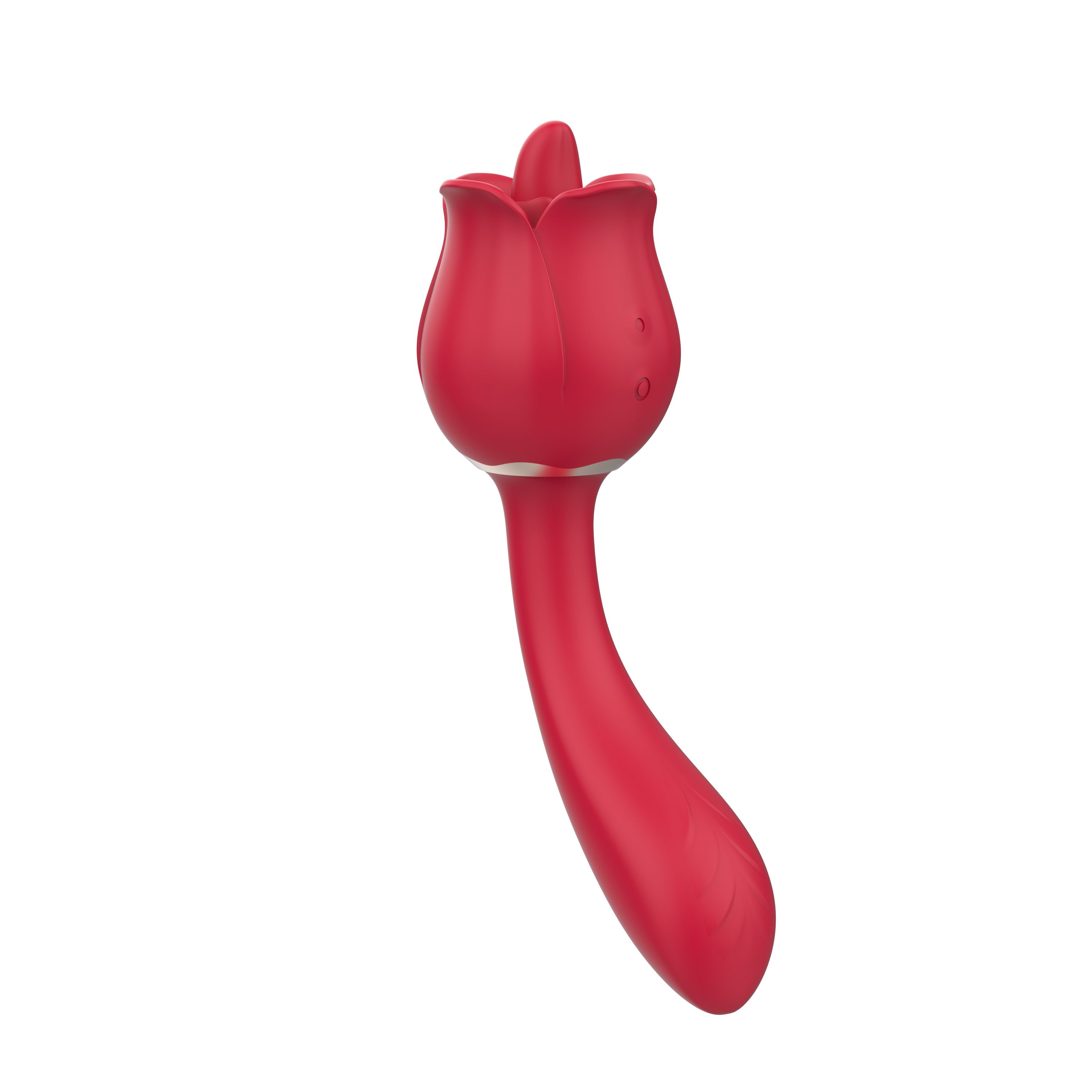 Roter Vibrator in Rosenform. Mit einem Stiel und einem blütenförmigen Kopf. Auf weißem Hintergrund.