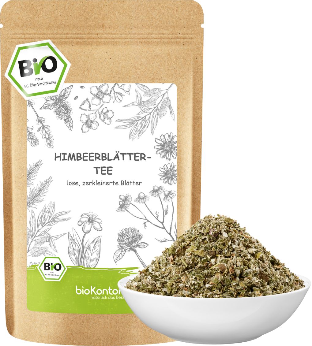 Braune Papierverpackung mit Himbeerblättertee-Etikett. Lose Blätter in weißer Schale. Bio-Siegel. Produktname und Logo sichtbar.