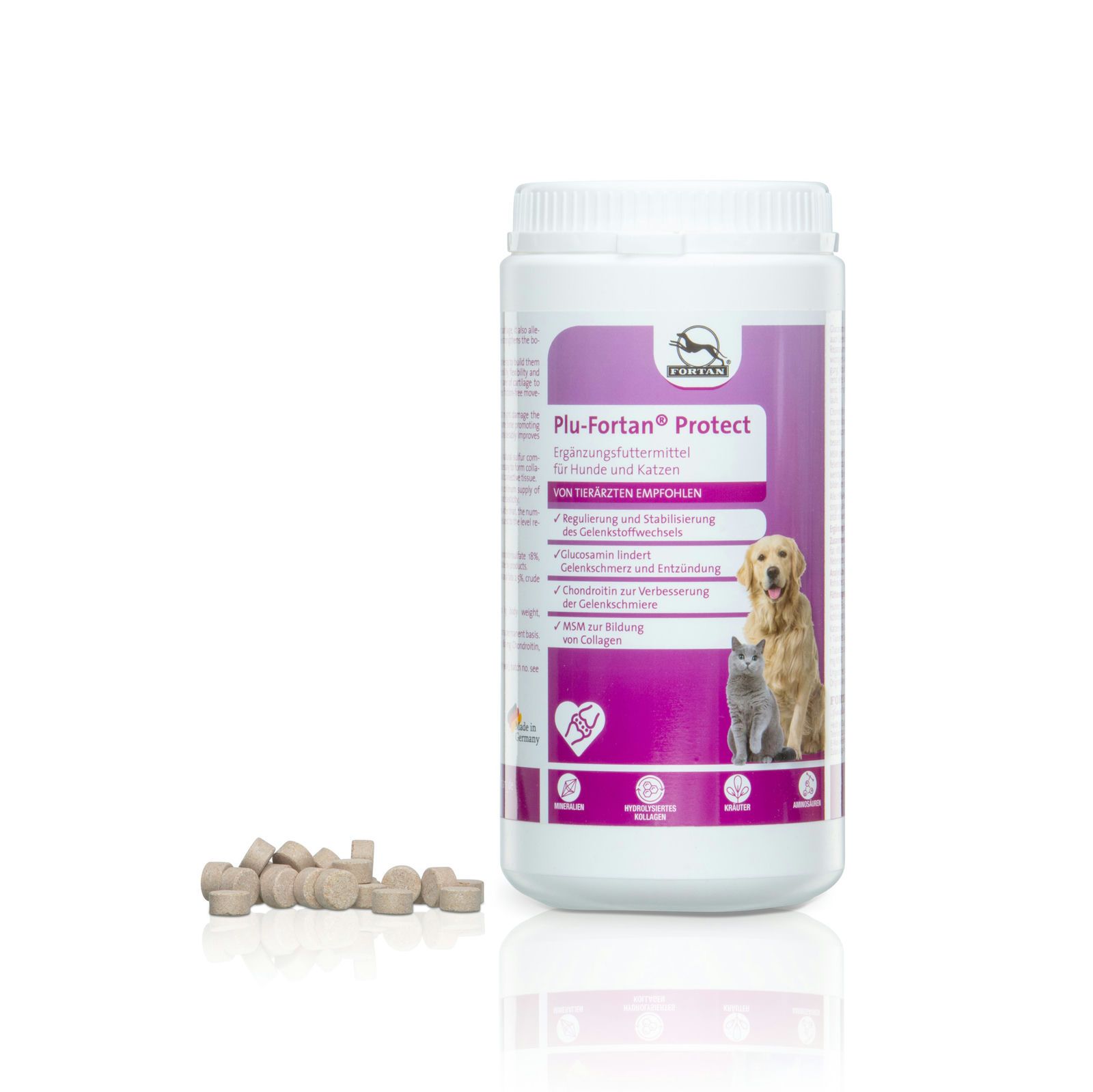 Weißer Behälter mit lila Etikett und Tabletten daneben. Aufschrift: Plu-Fortan Protect. Abbildung von Hund und Katze. Empfohlen von Tierärzten.