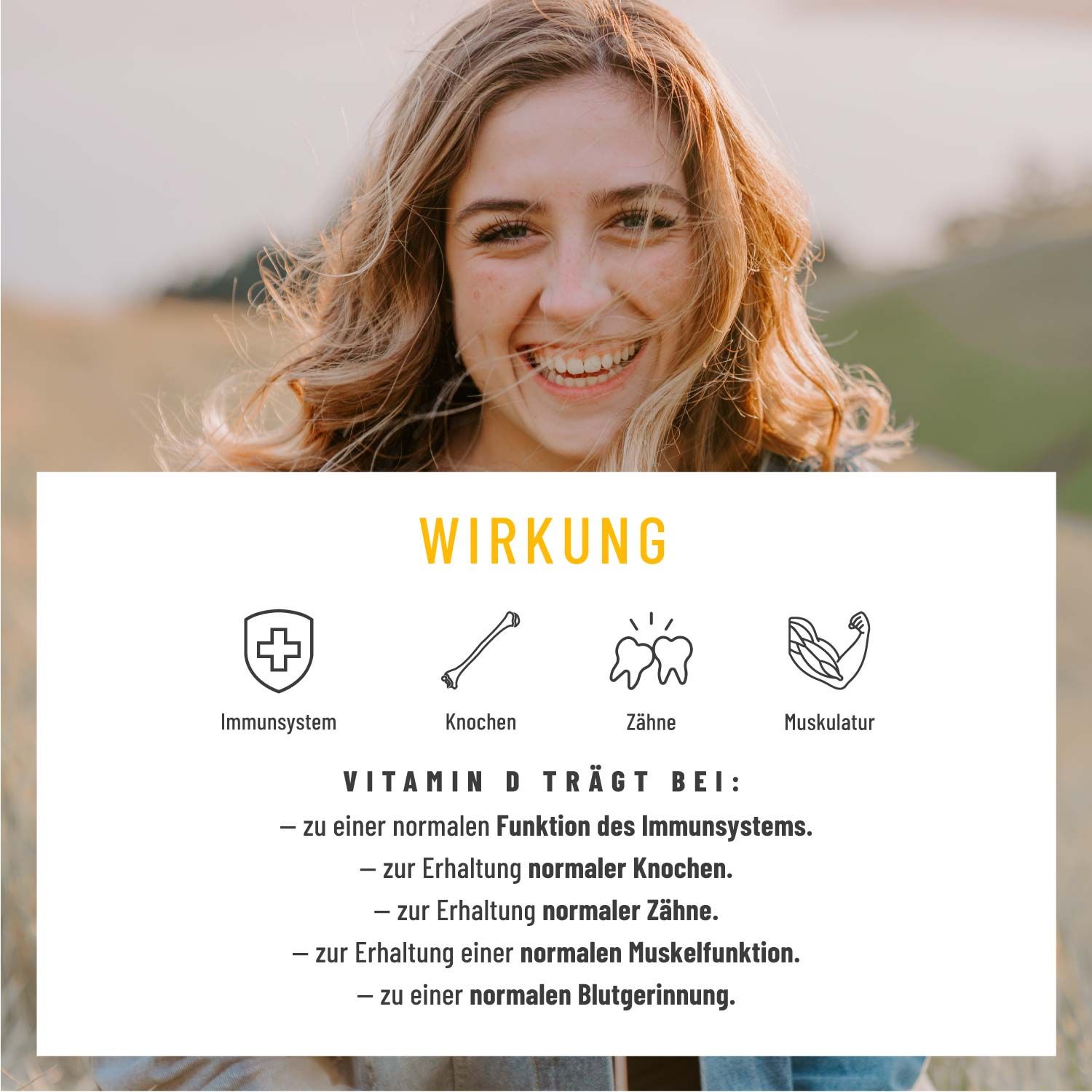 Frau lächelt. Infografik: Wirkung von Vitamin D auf Immunsystem, Knochen, Zähne und Muskulatur.